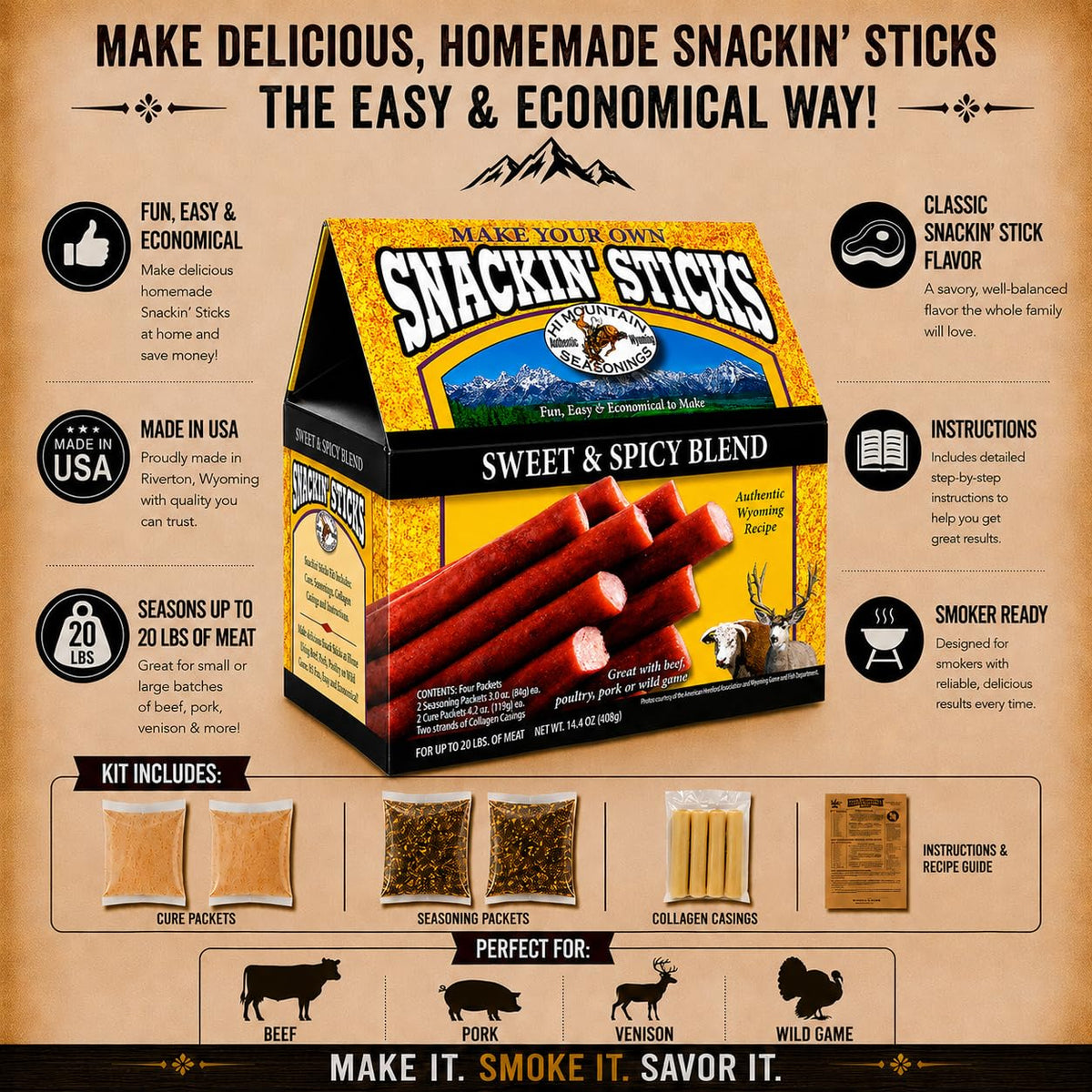 Hi Mountain Snack Stick Seasoning Kit | HUNTER'S BLEND | Makes 20 lbs
