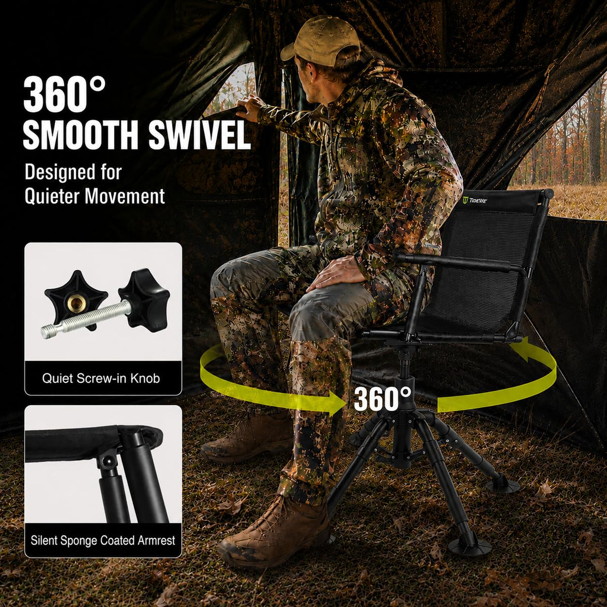 TIDEWE Hunting Chair with Seat Cover, 360° Silent Swivel Seat