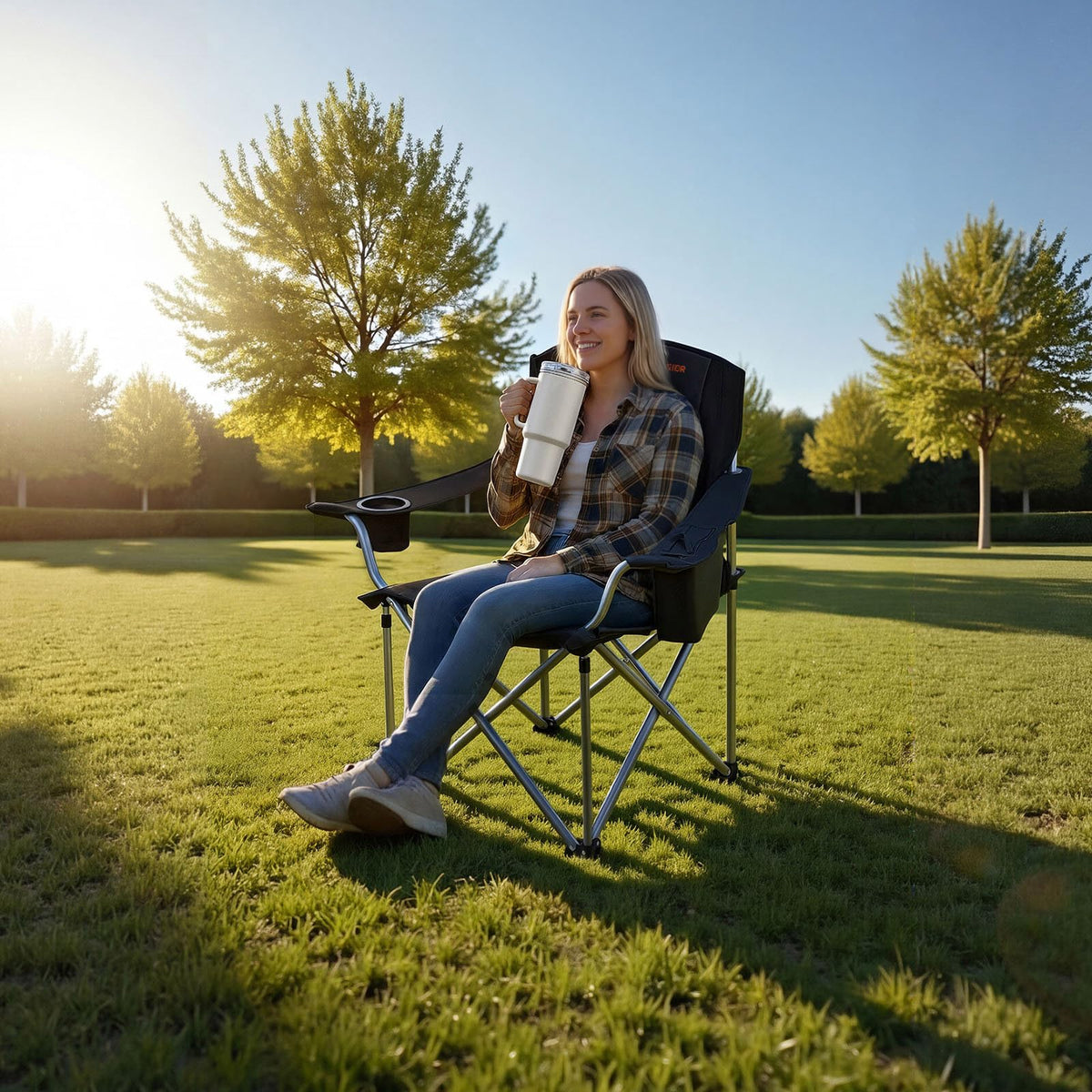 VEVOR Oversized Camping Folding Chair, Portable Heavy Duty Outdoor Quad Lumbar Back Padded with Side Pockets, Cup Holder and Cooler Bag for Beach, Lawn, Picnic, Fishing, Backpacking, Black