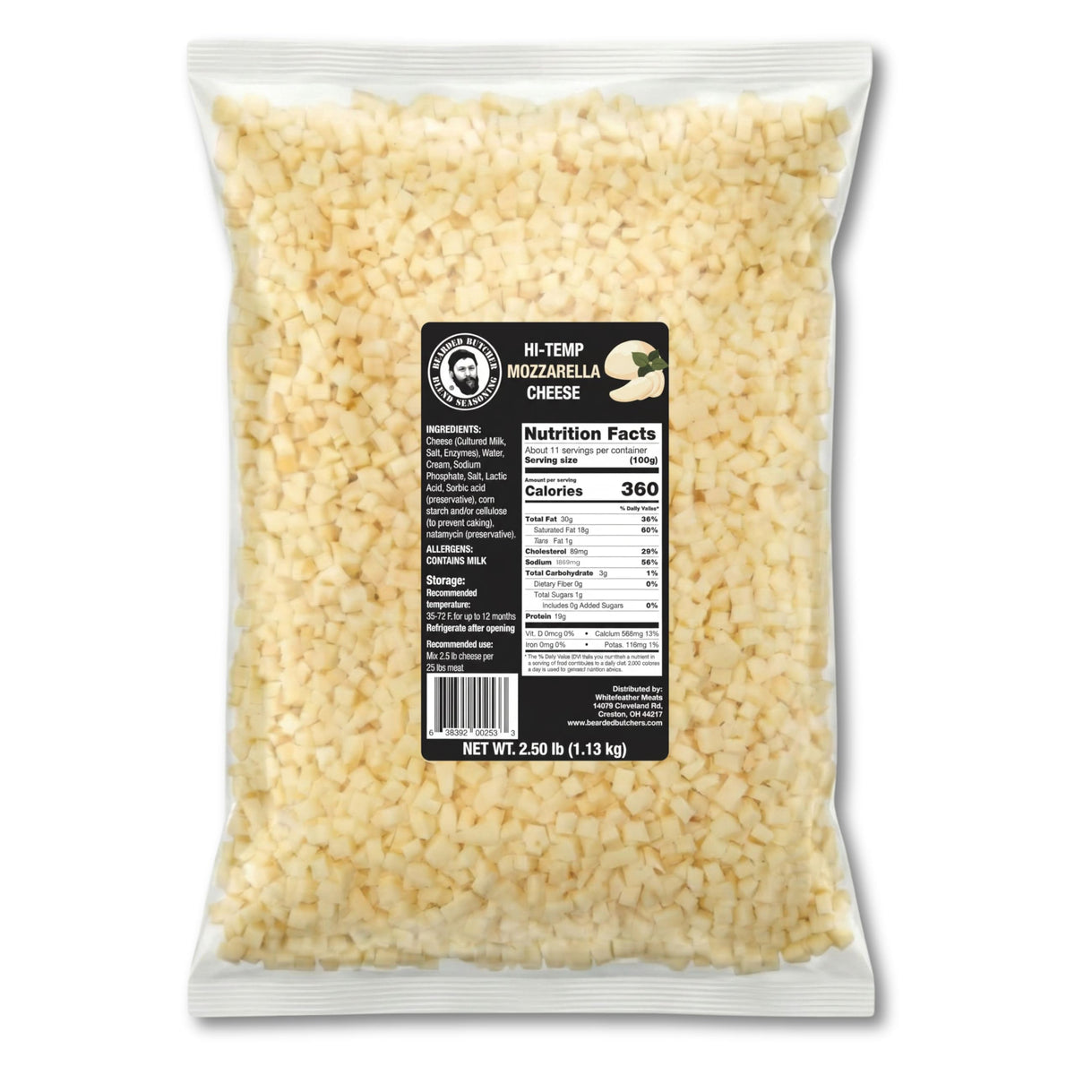 Bearded Butchers High-Temp Cheddar Cheese 2.5 lbs – Shelf-Stable 1/4" Cubes for Up to 25 lbs of Meat, 400°F High-Temperature Cheese – Ideal for Sausage Making, Brats, Snack Sticks, Burgers, and More