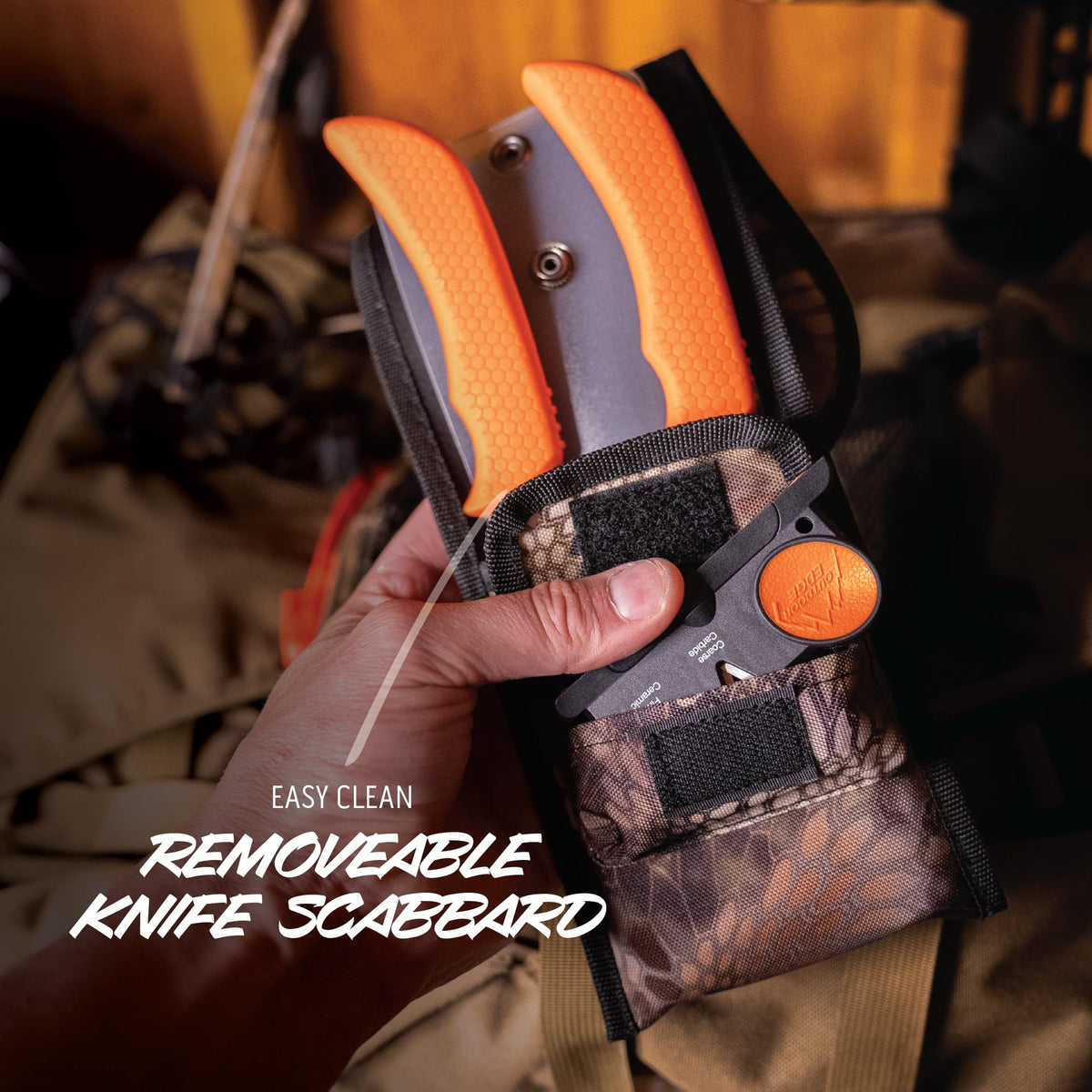 OUTDOOR EDGE WildGuide 4-Piece Hunting Knife Set & Field Dressing Kit | Featuring Razor-Sharp Caping Blade, Gut-Hook Skinning Knife, Bone Saw, in a Camo Nylon Belt Sheath | Butcher Knife Set for Deer