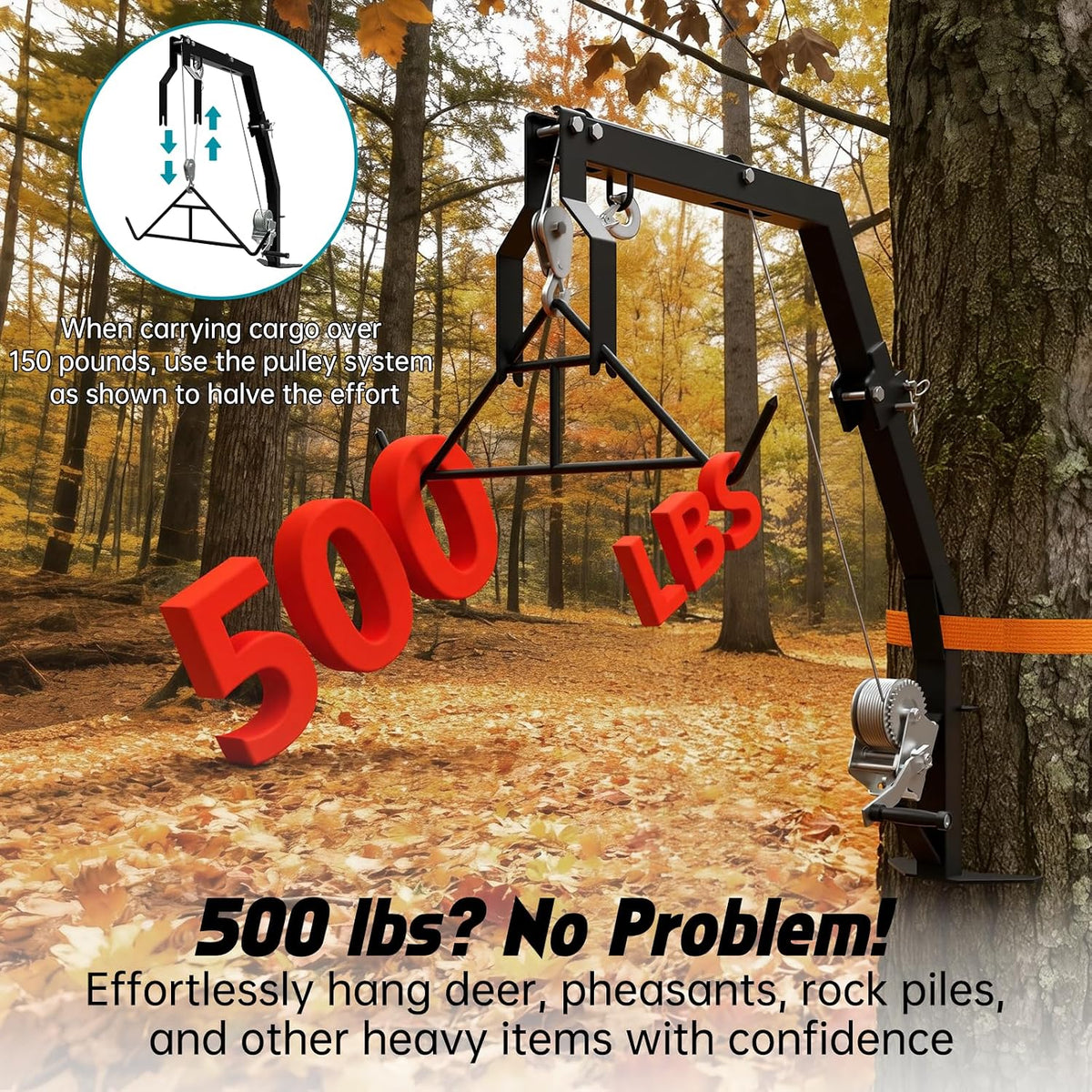 Tree Mounted Deer Hoist with Gambrel - 500lbs Game Hoist with Winch, Ratchet Strap, 23ft Cable, Portable Detachable Hunting Kit for Heavy Duty Deer Hanger for Skinning, Field Dressing
