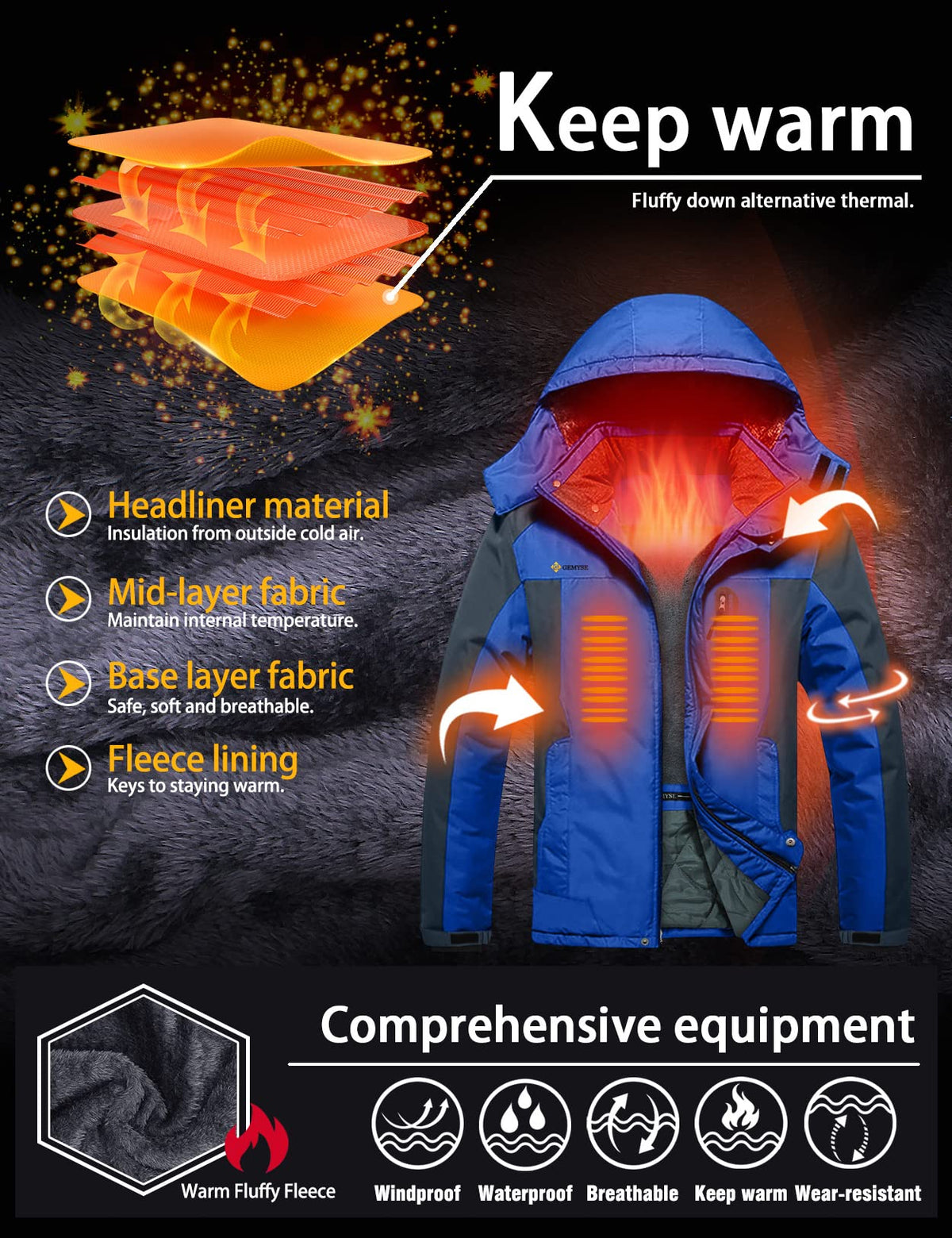 GEMYSE Men's Winter Ski Jacket Waterproof Snow Coat with Detachable Hood