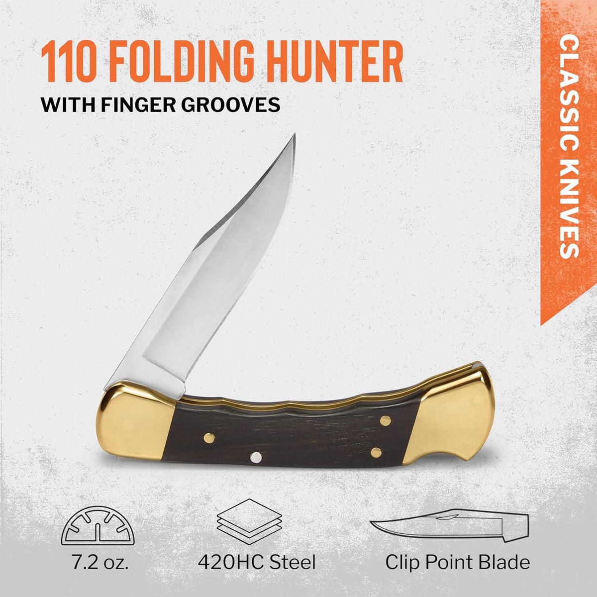 Buck Knives 110 Folding Hunter Knife with Sheath, Finger Grooves, 7.2 oz