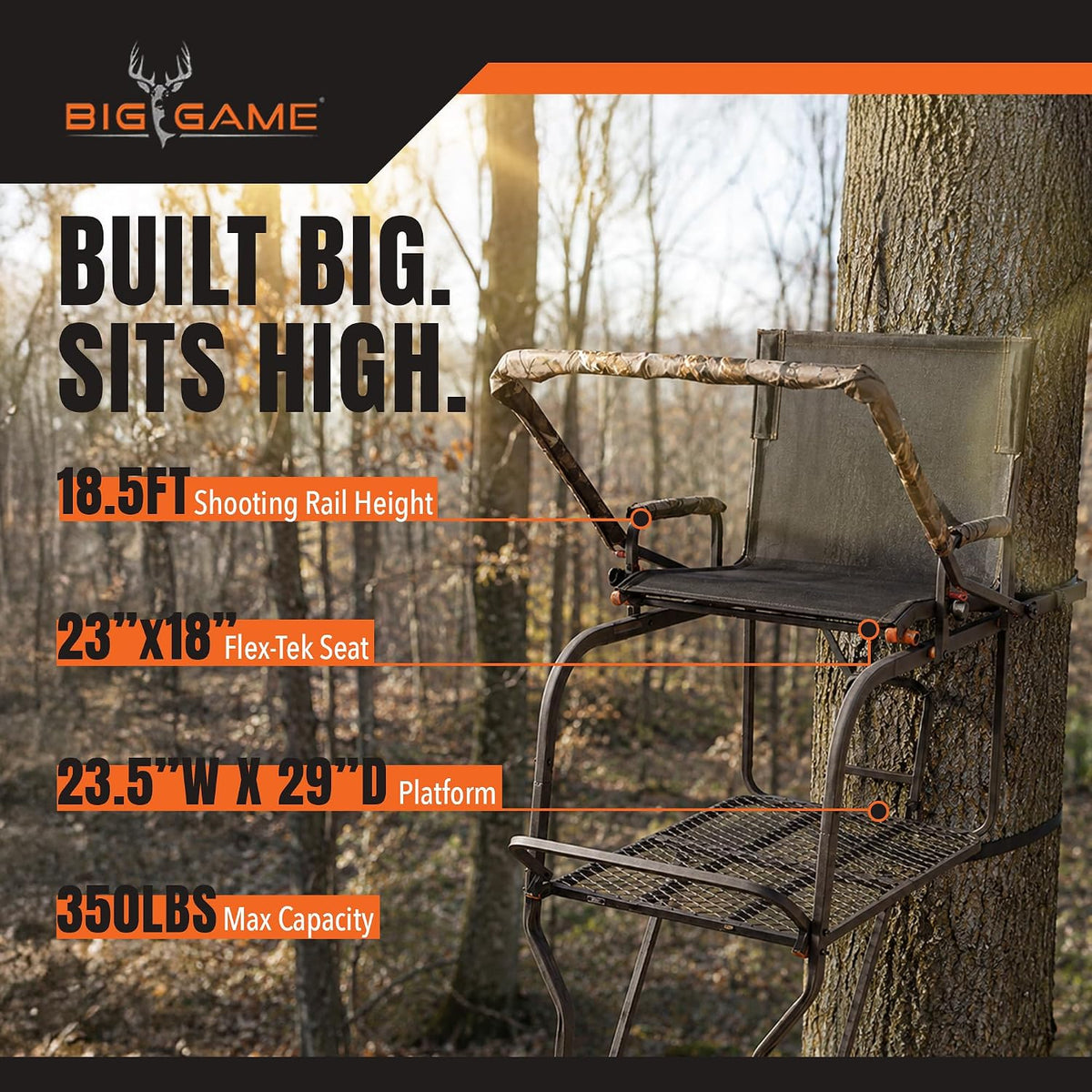 Big Game 1-Person Ladder Tree Stand for Hunting Deer with Seat, Hunter, 18' Tall, Black - Adjustable Climbing Treestand with Platform and Safety Harness for Shooting