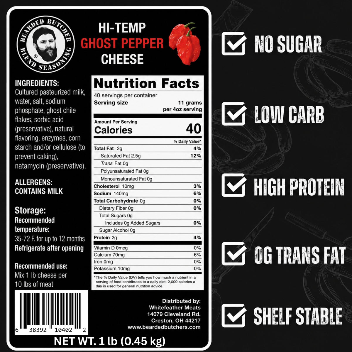 Bearded Butchers High-Temp Cheddar Cheese 2.5 lbs – Shelf-Stable 1/4" Cubes for Up to 25 lbs of Meat, 400°F High-Temperature Cheese – Ideal for Sausage Making, Brats, Snack Sticks, Burgers, and More