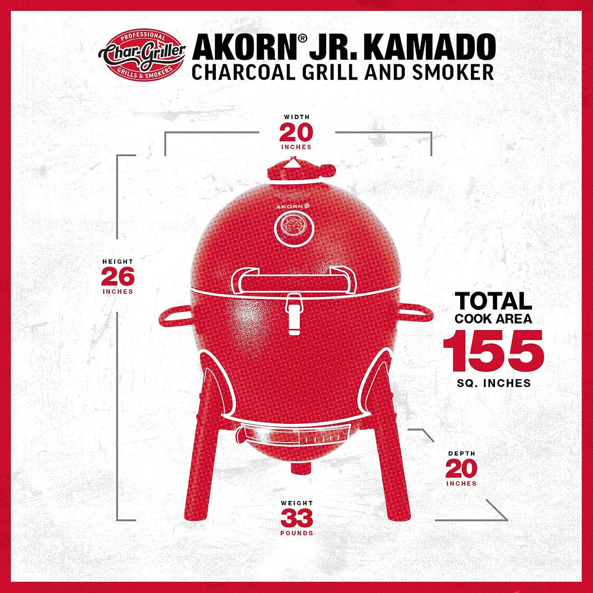 Char-Griller AKORN Jr. Portable Kamado Charcoal Grill and Smoker, Triple-Wall Insulated Steel with Cast Iron Grates and Locking Lid, 155 Sq. In. Cooking Area, Ash