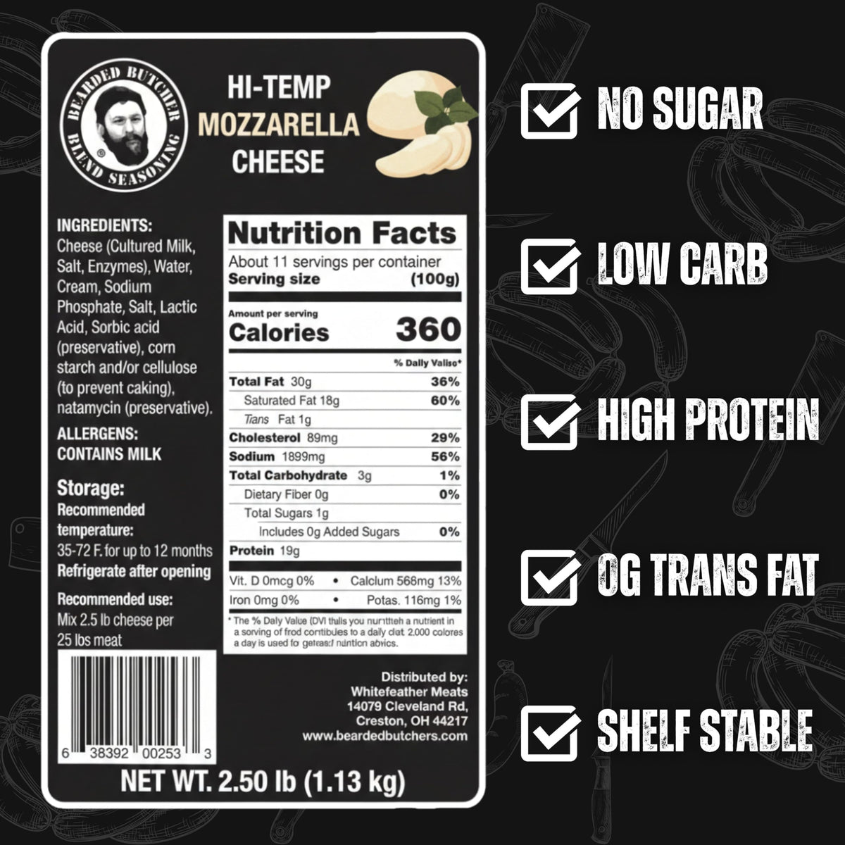 Bearded Butchers High-Temp Cheddar Cheese 2.5 lbs – Shelf-Stable 1/4" Cubes for Up to 25 lbs of Meat, 400°F High-Temperature Cheese – Ideal for Sausage Making, Brats, Snack Sticks, Burgers, and More