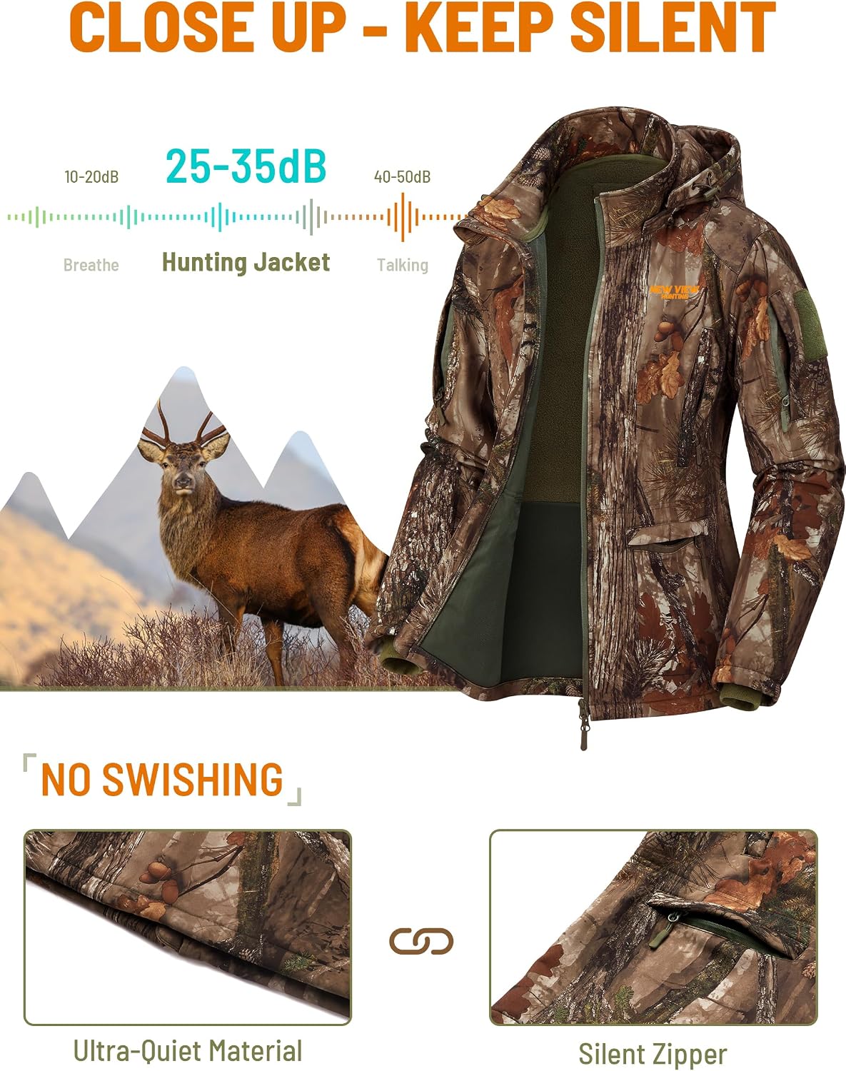 NEW VIEW Womens Hunting Clothes, Upgraded Ultra-Quiet Water Resistant Camo Hunting Jacket for Duck Waterfowl Deer Hunting
