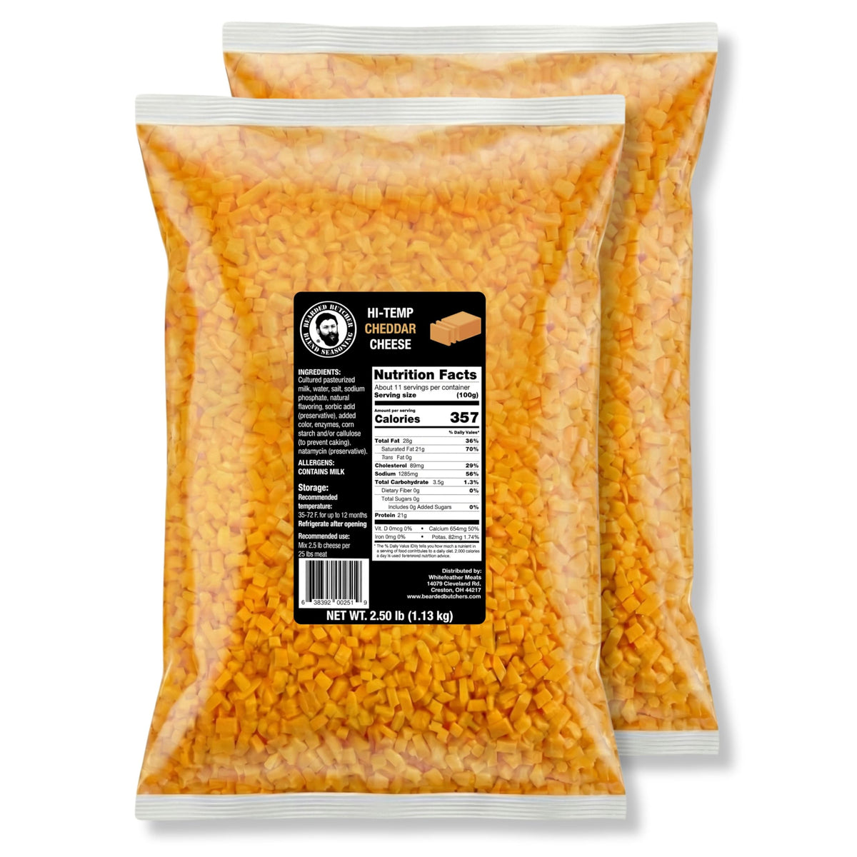 Bearded Butchers High-Temp Cheddar Cheese 2.5 lbs – Shelf-Stable 1/4" Cubes for Up to 25 lbs of Meat, 400°F High-Temperature Cheese – Ideal for Sausage Making, Brats, Snack Sticks, Burgers, and More