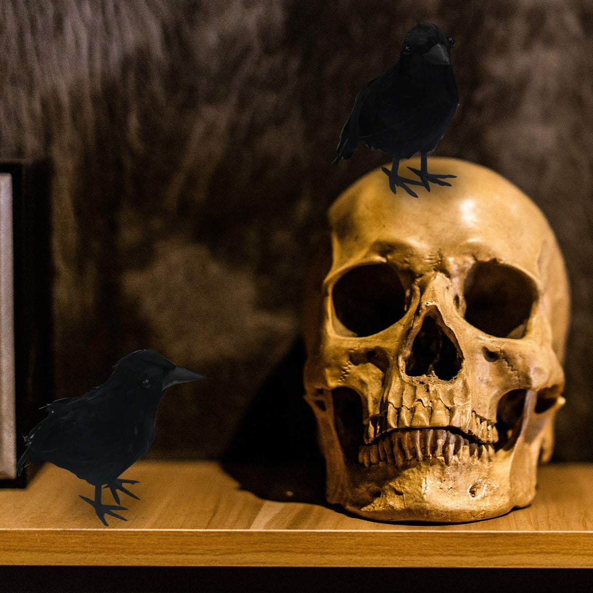 FUNPENY Halloween Black Feathered Crows, 3 Pack Black Crows with Real Feather Halloween Decoration for Indoor Outdoor