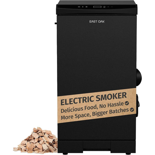 EAST OAK 30" Outdoor Electric Smoker with Side Chip Loader for up to 6x Longer on a Single Load, 725 sq in Large Cooking Area, Digital 12-Hr Timer & Easy-Rolling Wheels, Matte Black