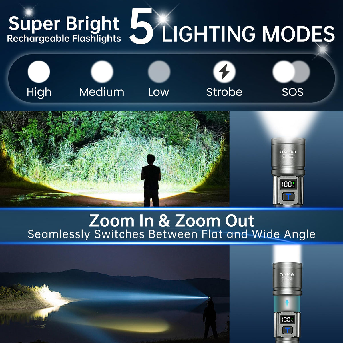 TrixHub Rechargeable Flashlights 2 Pack Super Bright High Lumens Flashlight