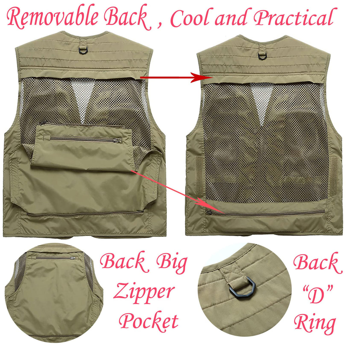 Flygo Men's Casual Lightweight Outdoor Fishing Work Safari Travel Photo Cargo Vest Jacket Multi Pockets