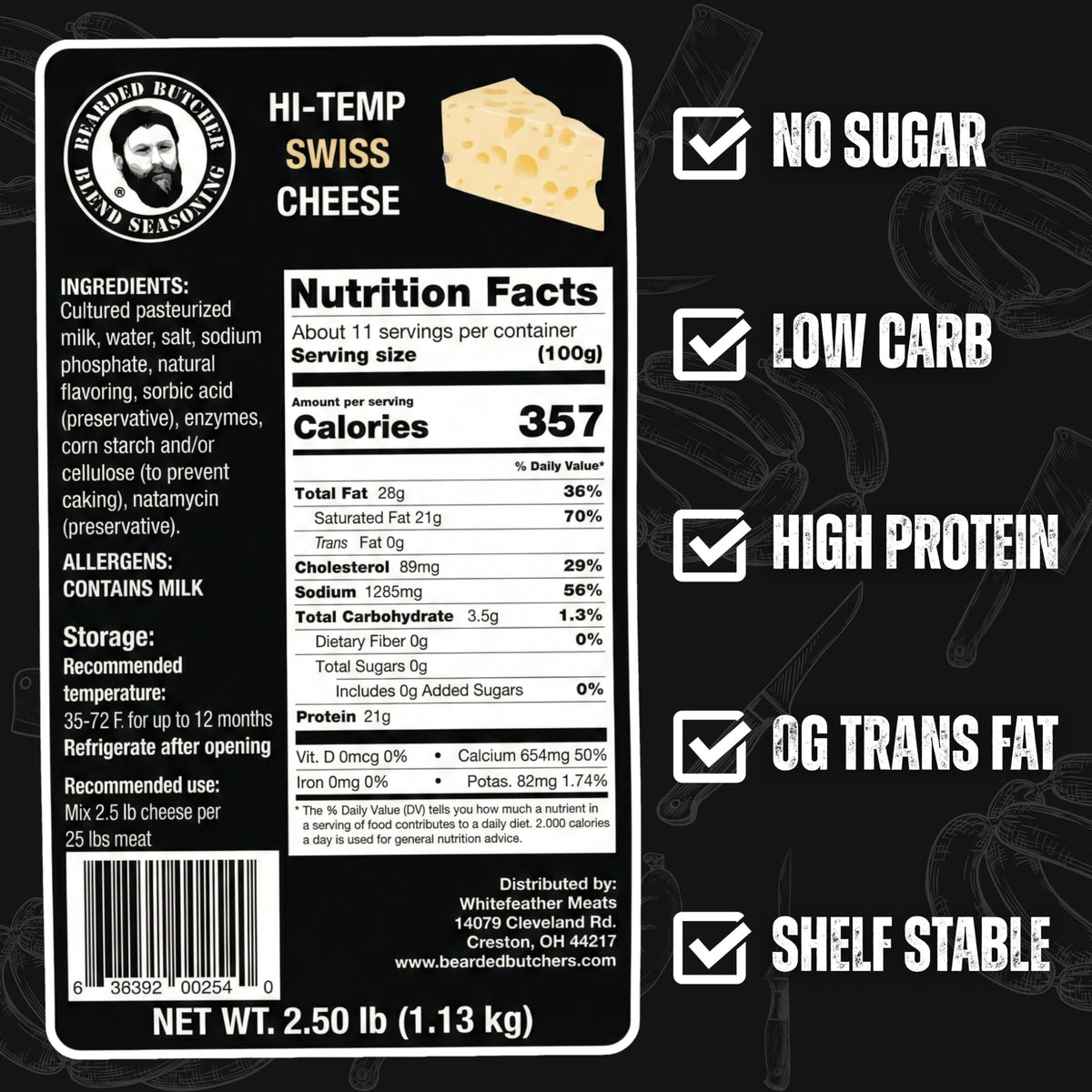 Bearded Butchers High-Temp Cheddar Cheese 2.5 lbs – Shelf-Stable 1/4" Cubes for Up to 25 lbs of Meat, 400°F High-Temperature Cheese – Ideal for Sausage Making, Brats, Snack Sticks, Burgers, and More