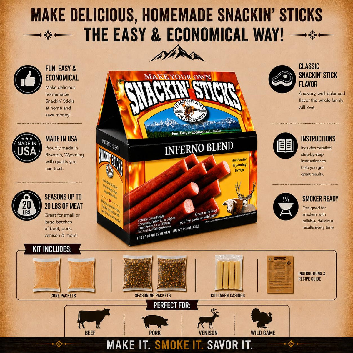 Hi Mountain Snack Stick Seasoning Kit | HUNTER'S BLEND | Makes 20 lbs