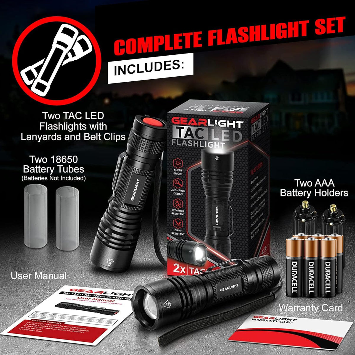 GearLight TAC LED Flashlight Pack - 2 Super Bright, Compact Tactical Flashlights with High Lumens for Outdoor Activity & Emergency Use - Gifts for Men & Women - Desert Tan