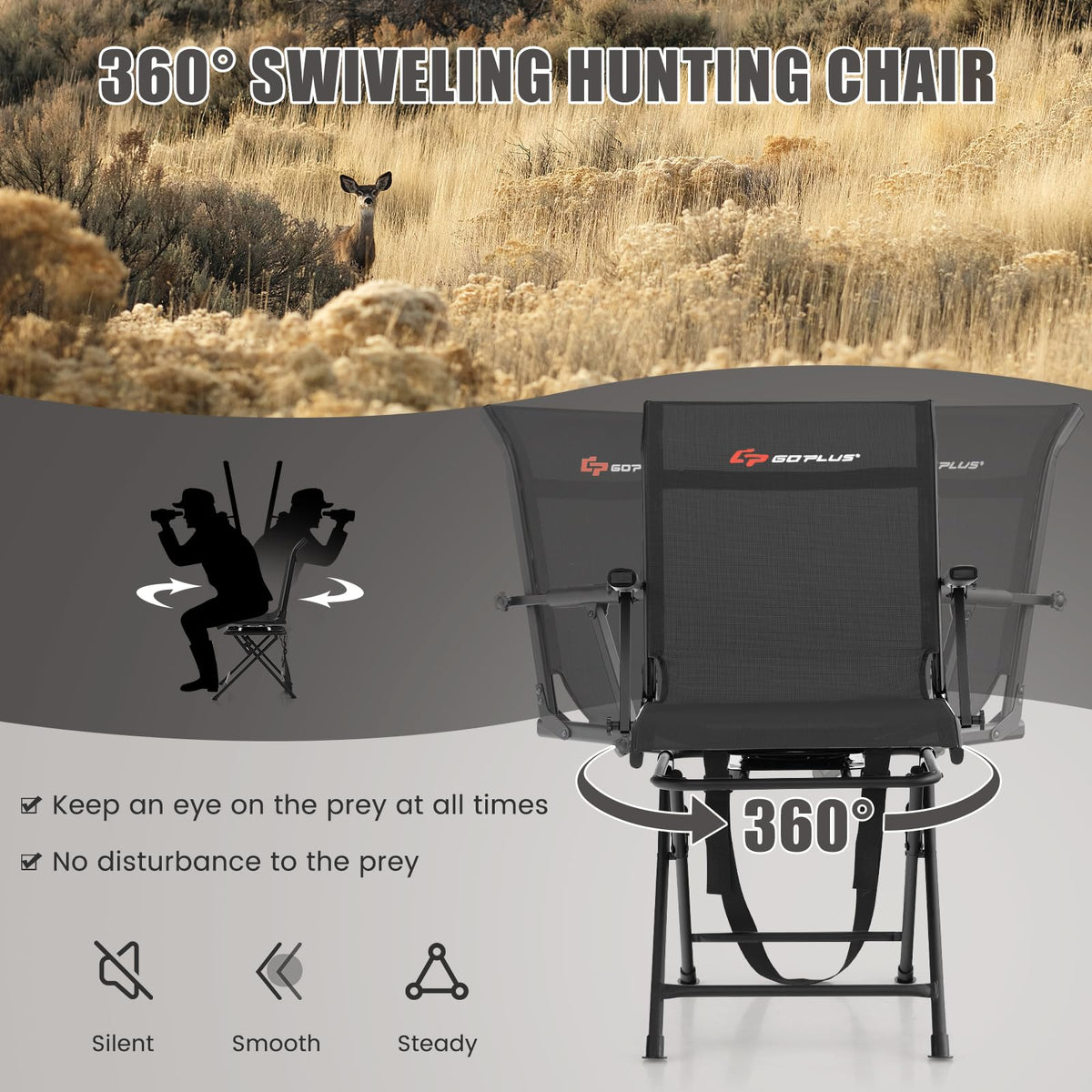 Goplus Hunting Chair, 360° Swivel Folding Hunting Blind Chair with Carrying Strap, 330LBS Capacity, Portable Deer Hunting Stool, Silent Ground Dove Hunting Chair, No Assembly