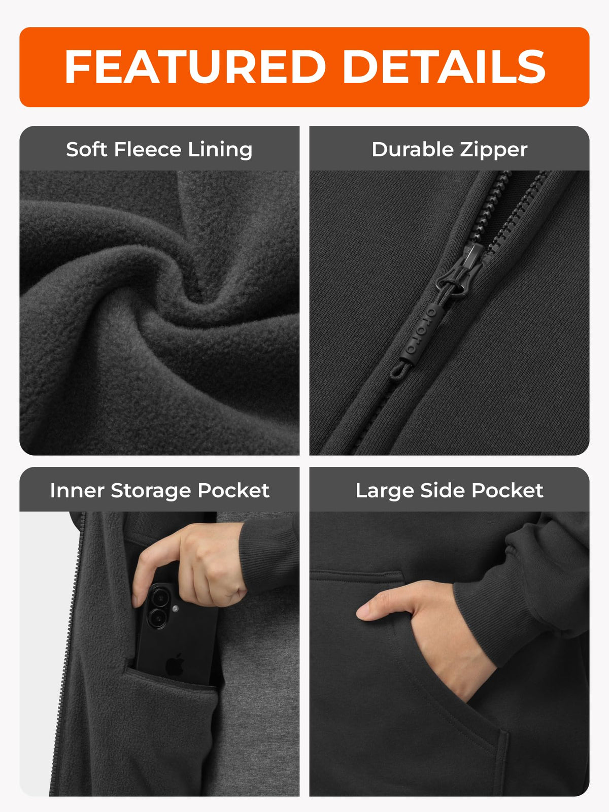 ORORO Unisex Heated Hoodie with Battery, 4-Zone Heating Fleece Hoodie