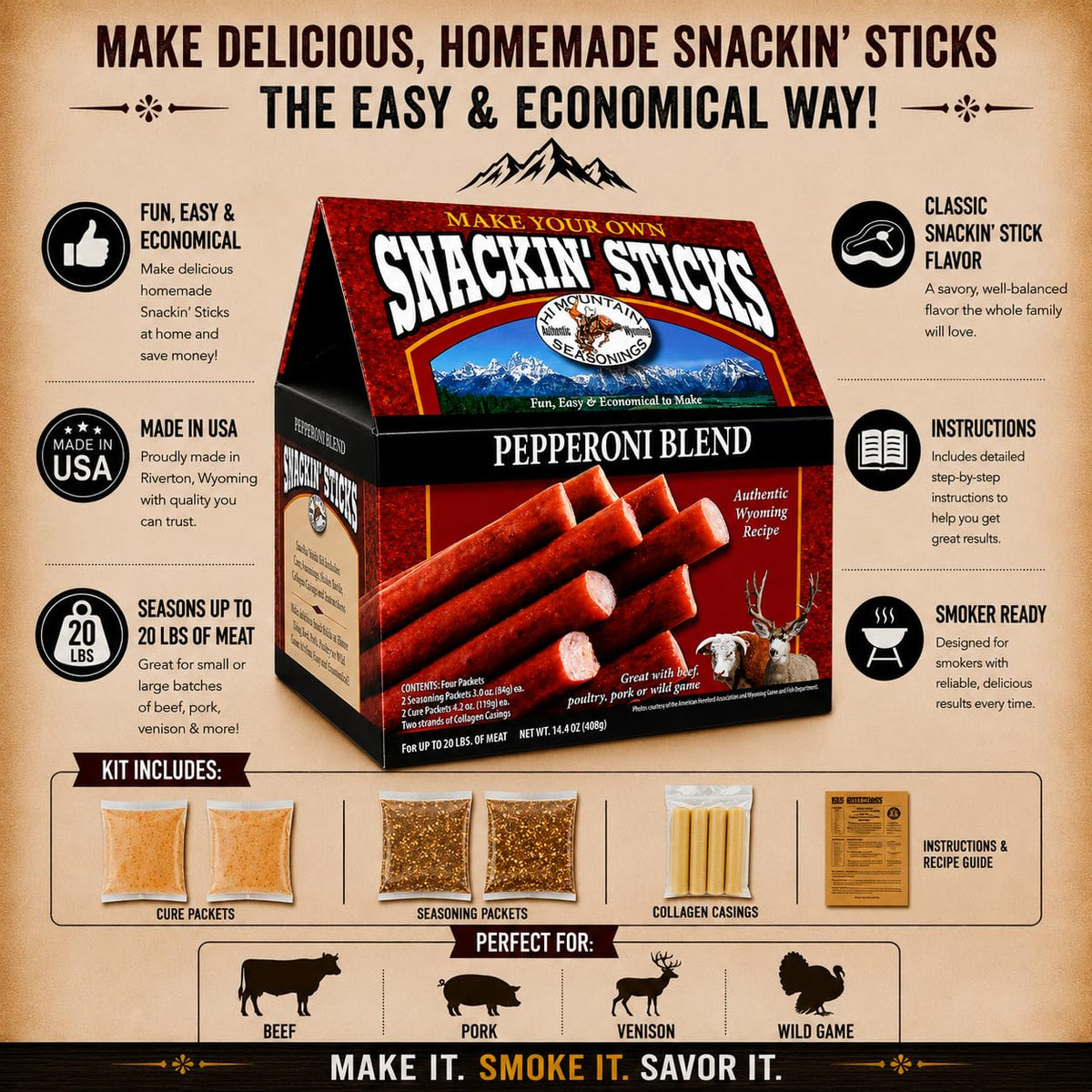 Hi Mountain Snack Stick Seasoning Kit | HUNTER'S BLEND | Makes 20 lbs
