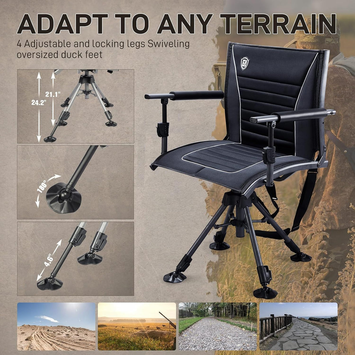 EVER ADVANCED 360° Silent Swivel Hunting Chair for Blinds, Adjustable Folding Hunting Seats with Armrests for Outdoor Activities, Fishing, Support 400lbs, Black