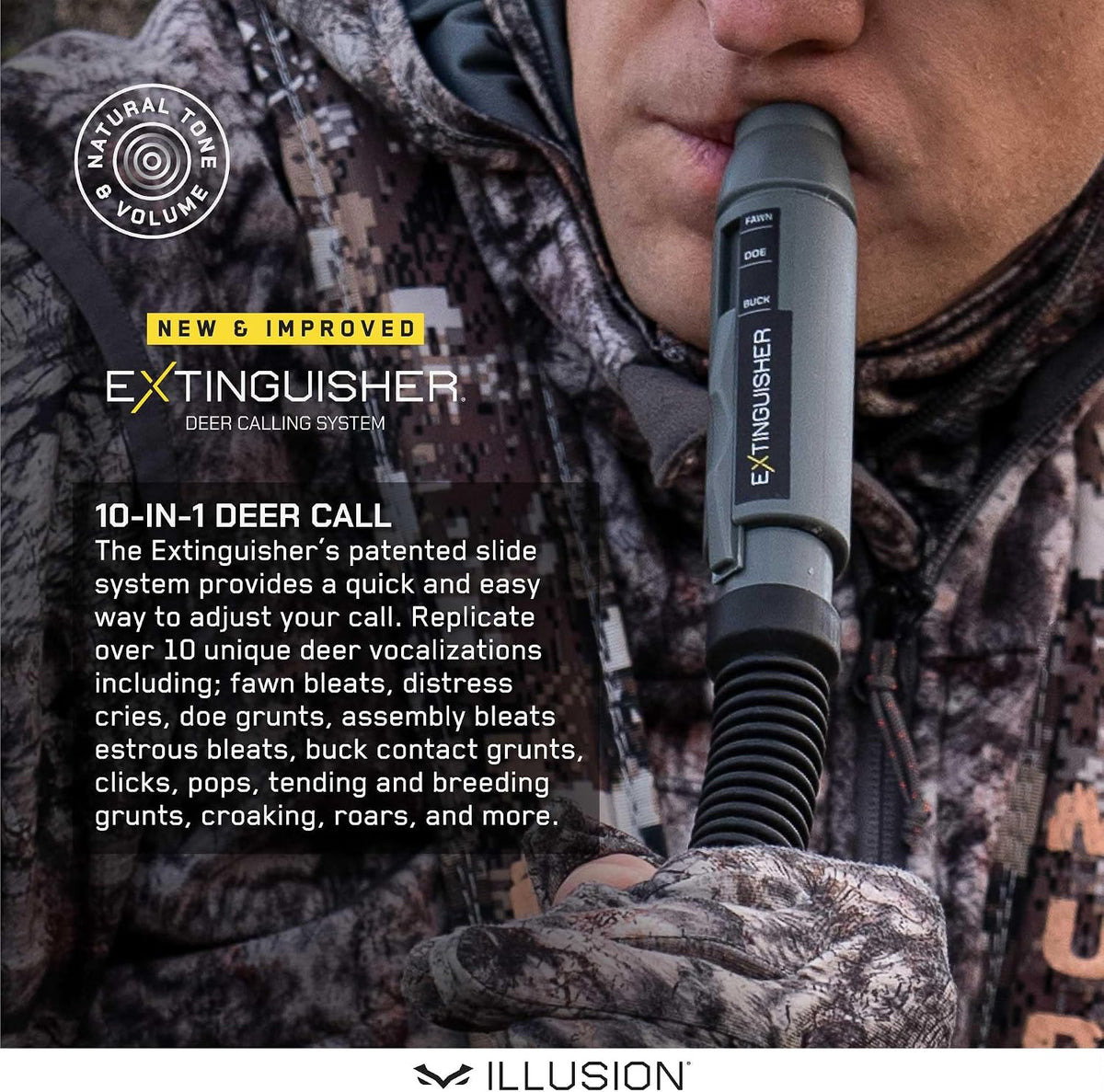 Extinguisher Deer Call by Illusion | Grunt Tube | Buck, Doe, Fawn | Adjustable 10-in-1 Call | Color (CAMO/Black) | Freeze Resistant