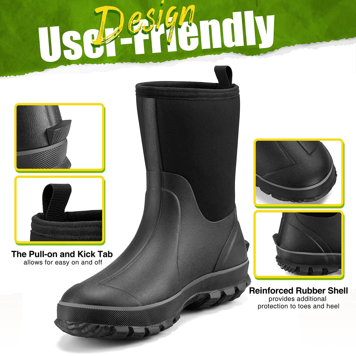 TIDEWE Rubber Boots for Men, Waterproof Hunting Work Boots