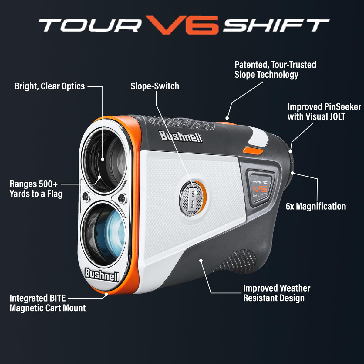 Bushnell Golf Tour V6 Shift Laser Rangefinder with Slope Compensation, 1300-Yard Range, Flag Lock Vibration, Magnetic Cart Mount, 6X Magnification, Waterproof – Tournament Legal