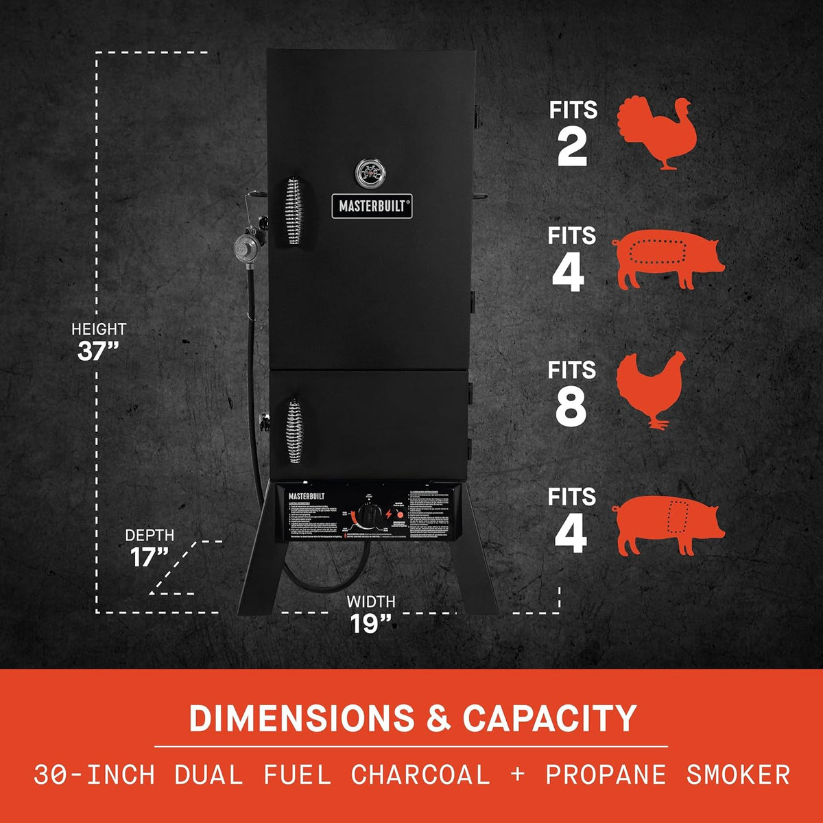 Masterbuilt 30-Inch Dual Fuel Propane & Charcoal Vertical Smoker with 730 Sq. In. Cooking Space, Push-Button Ignition, Temperature Gauge, 4 Smoking Racks, Black