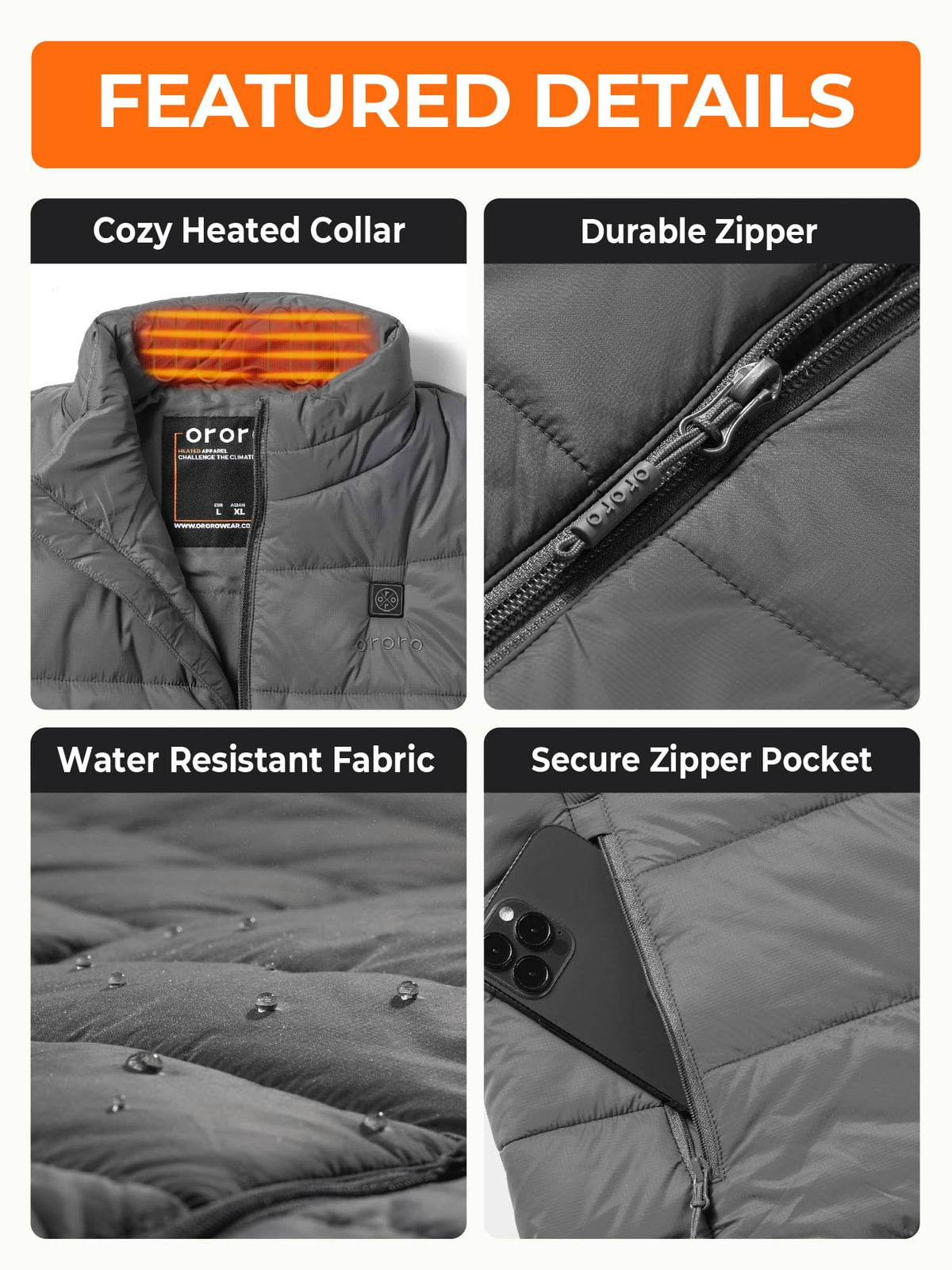 ORORO Men's Heated Vest Lightweight 4-Zone USB-C Battery Heated Puffer Vest