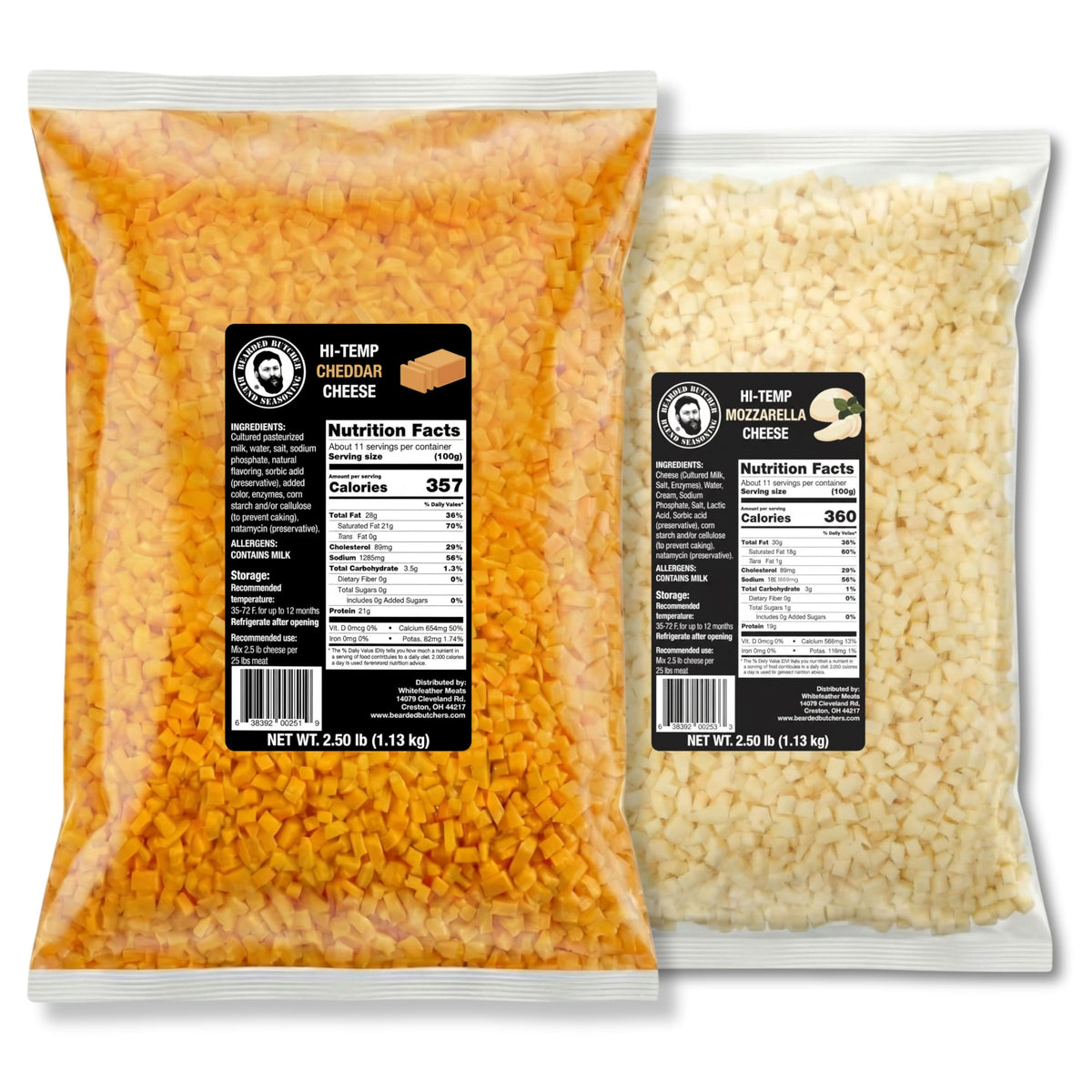 Bearded Butchers High-Temp Cheddar Cheese 2.5 lbs – Shelf-Stable 1/4" Cubes for Up to 25 lbs of Meat, 400°F High-Temperature Cheese – Ideal for Sausage Making, Brats, Snack Sticks, Burgers, and More