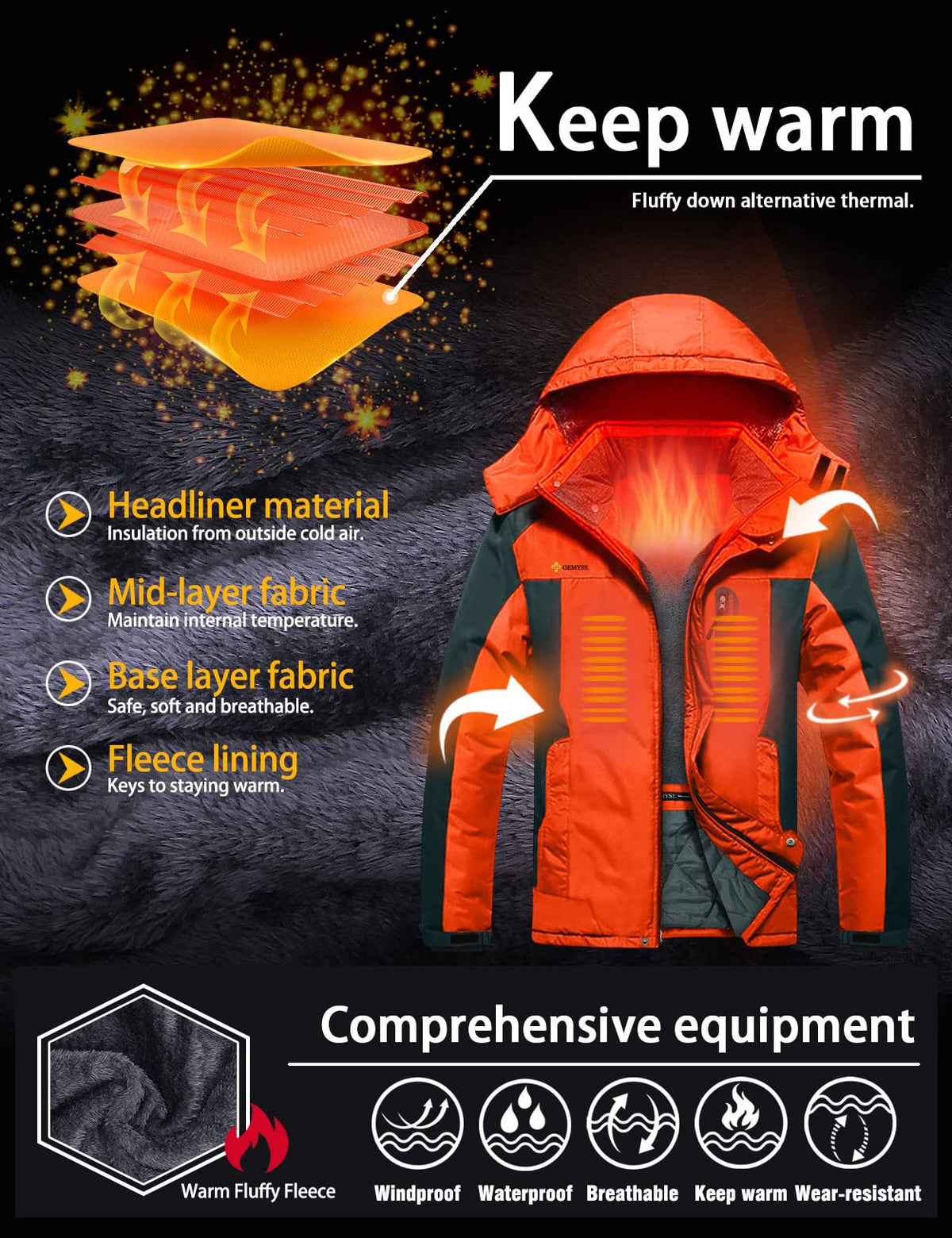 GEMYSE Men's Winter Ski Jacket Waterproof Snow Coat with Detachable Hood