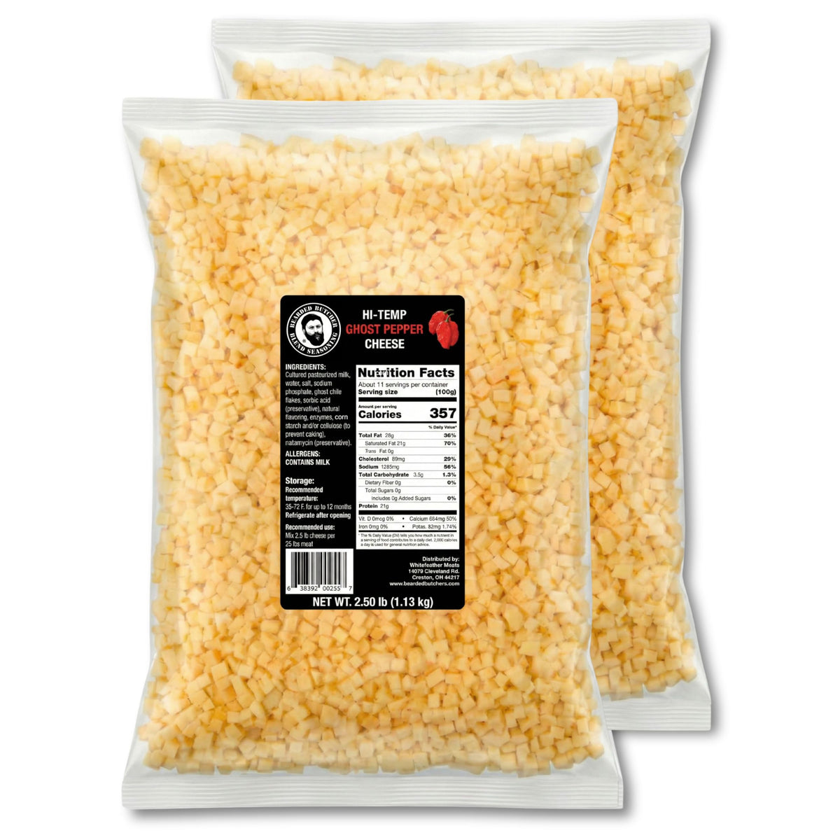 Bearded Butchers High-Temp Cheddar Cheese 2.5 lbs – Shelf-Stable 1/4" Cubes for Up to 25 lbs of Meat, 400°F High-Temperature Cheese – Ideal for Sausage Making, Brats, Snack Sticks, Burgers, and More