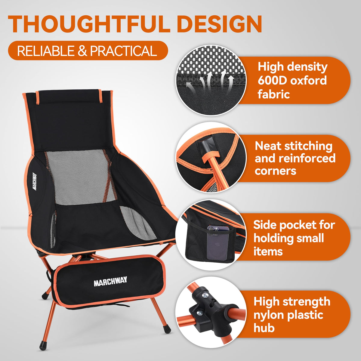 MARCHWAY Lightweight High Back Folding Camping Chair with Head Support