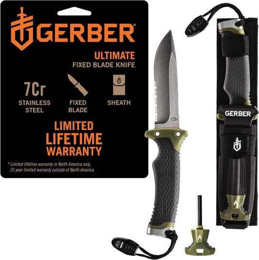 Gerber Ultimate Fixed Blade Knife w/Sheath, Knife Sharpener, Ferro Rod