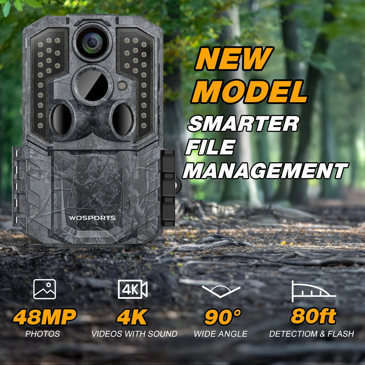 WOSPORTS Trail Camera(Non-Cellular Non-WiFi) 64MP 4K 0.2S Trigger Motion Activated,Game Camera with No-Glow Night Vision 2.0''LCD 120°Wide for Outdoor Scouting Wildlife Monitoring Home Security