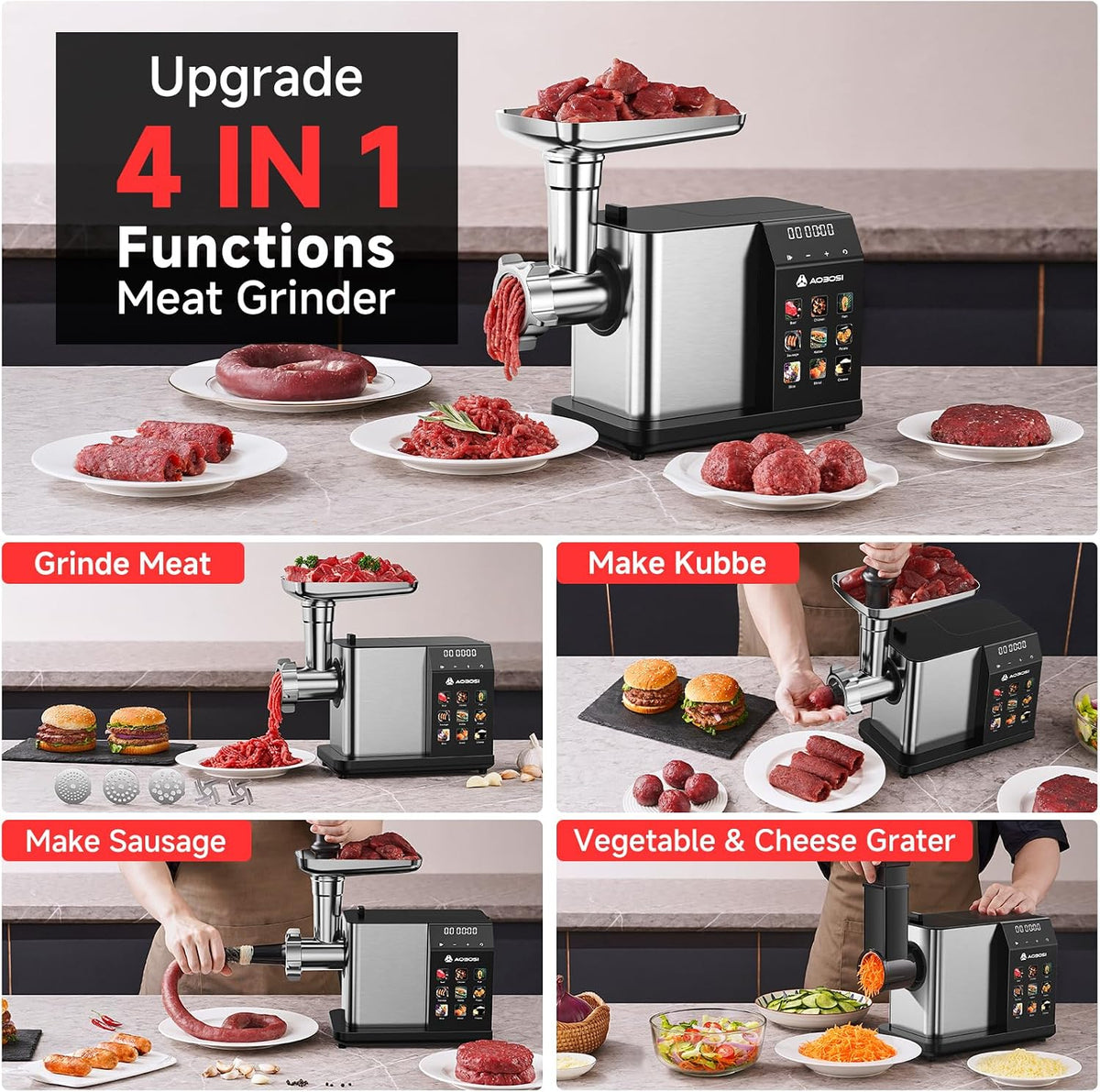 AAOBOSI Multifunctional Digital Meat Grinder Electric 3000W Max