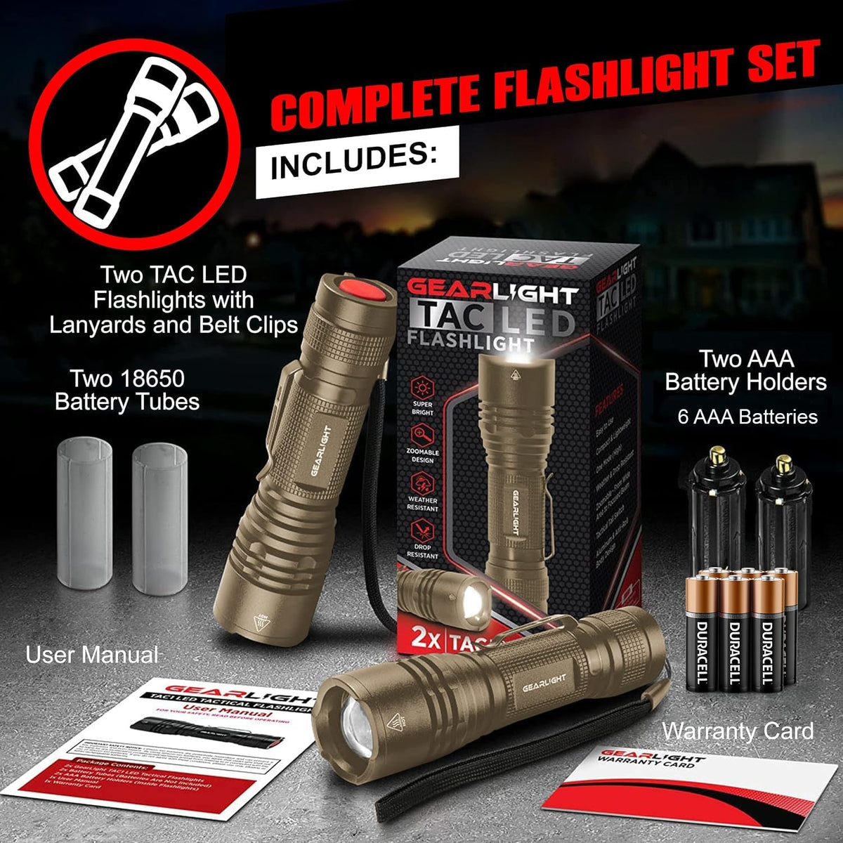 GearLight TAC LED Flashlight Pack - 2 Super Bright, Compact Tactical Flashlights with High Lumens for Outdoor Activity & Emergency Use - Gifts for Men & Women - Desert Tan