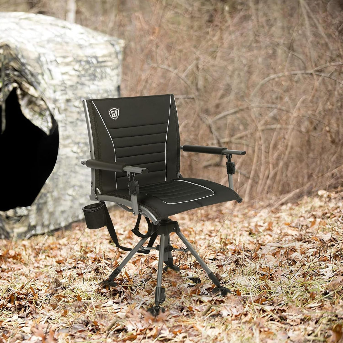 EVER ADVANCED 360° Silent Swivel Hunting Chair for Blinds, Adjustable Folding Hunting Seats with Armrests for Outdoor Activities, Fishing, Support 400lbs, Black