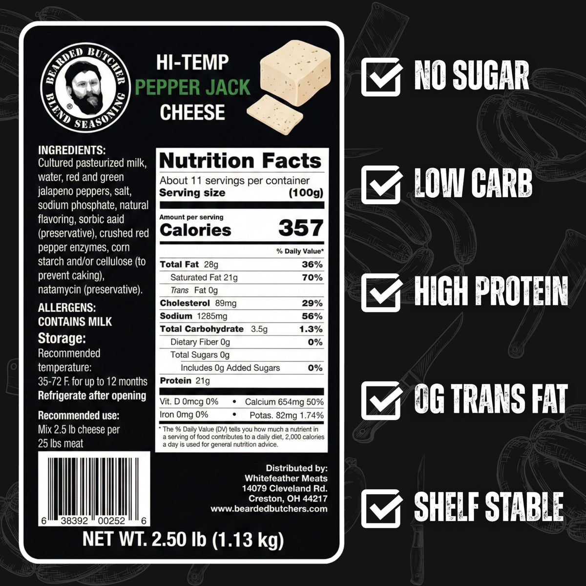 Bearded Butchers High-Temp Cheddar Cheese 2.5 lbs – Shelf-Stable 1/4" Cubes for Up to 25 lbs of Meat, 400°F High-Temperature Cheese – Ideal for Sausage Making, Brats, Snack Sticks, Burgers, and More