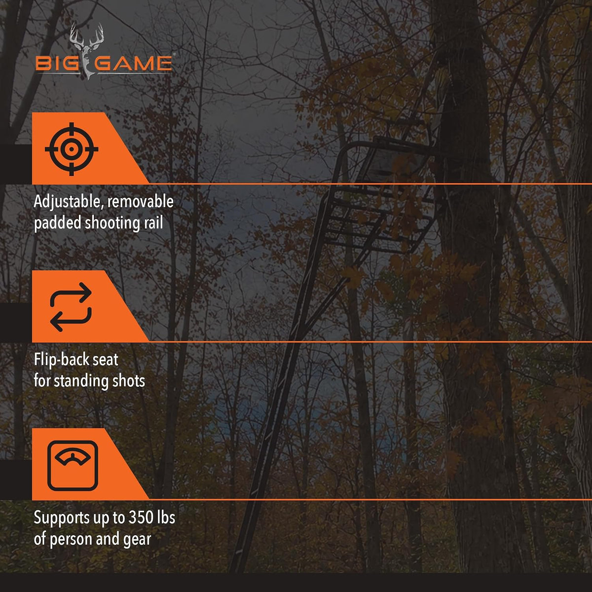 Big Game 1-Person Ladder Tree Stand for Hunting Deer with Seat, Hunter, 18' Tall, Black - Adjustable Climbing Treestand with Platform and Safety Harness for Shooting