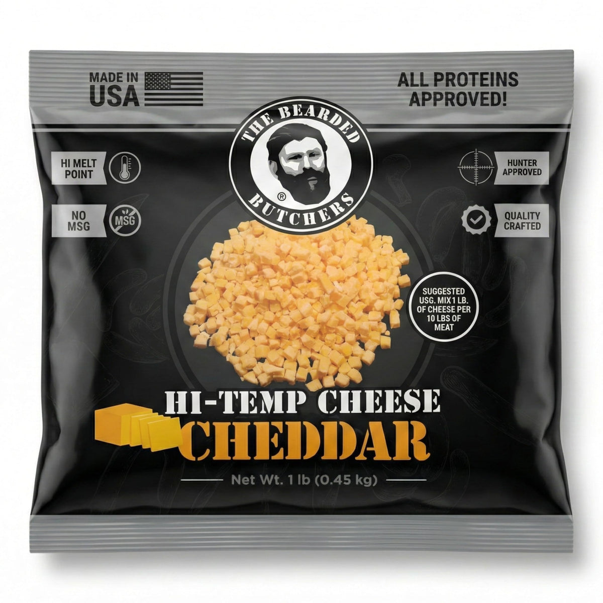 Bearded Butchers High-Temp Cheddar Cheese 2.5 lbs – Shelf-Stable 1/4" Cubes for Up to 25 lbs of Meat, 400°F High-Temperature Cheese – Ideal for Sausage Making, Brats, Snack Sticks, Burgers, and More