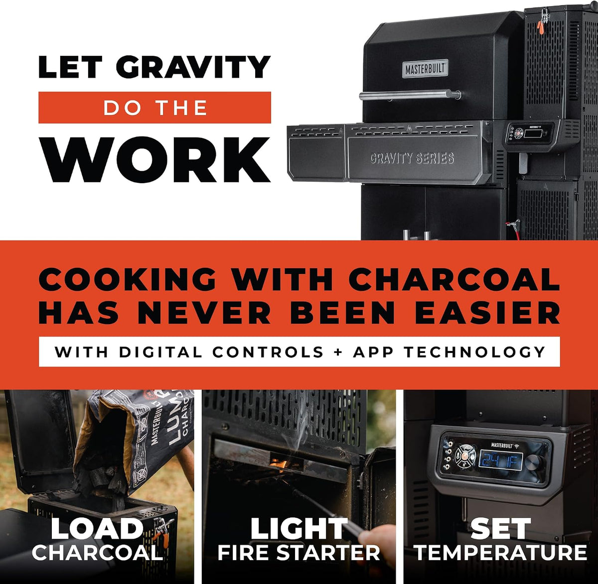 Masterbuilt Gravity Series 1150 Digital Charcoal Grill and Smoker, 1,150 Sq. In. Cooking Area, WiFi App Control, GravityFed Hopper, DigitalFan Temperature Control, 225°F to 700°F Cooking Range
