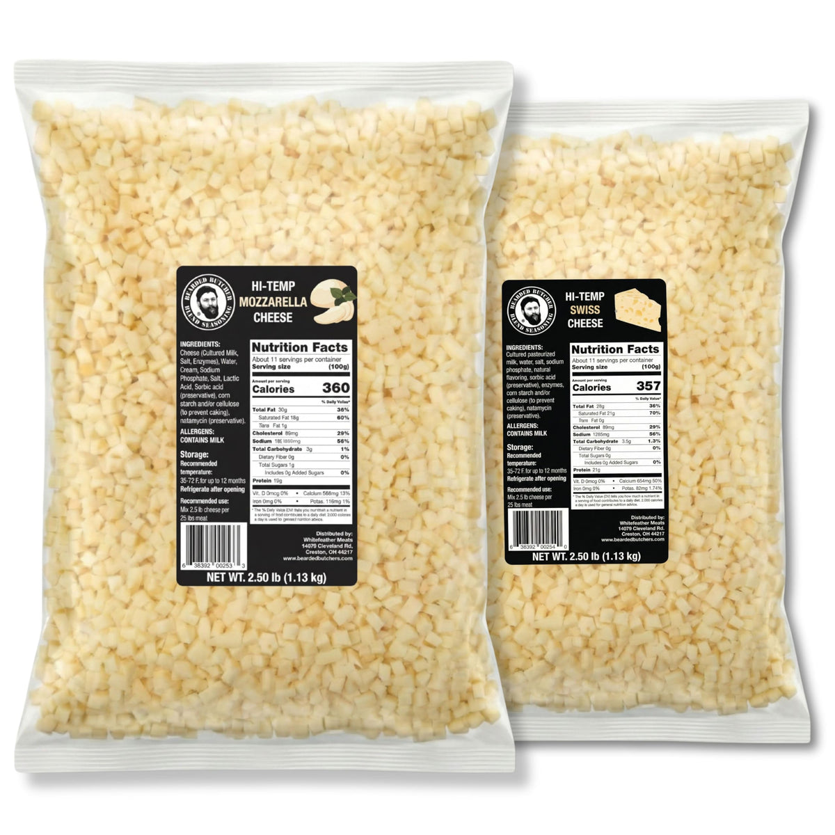 Bearded Butchers High-Temp Cheddar Cheese 2.5 lbs – Shelf-Stable 1/4" Cubes for Up to 25 lbs of Meat, 400°F High-Temperature Cheese – Ideal for Sausage Making, Brats, Snack Sticks, Burgers, and More