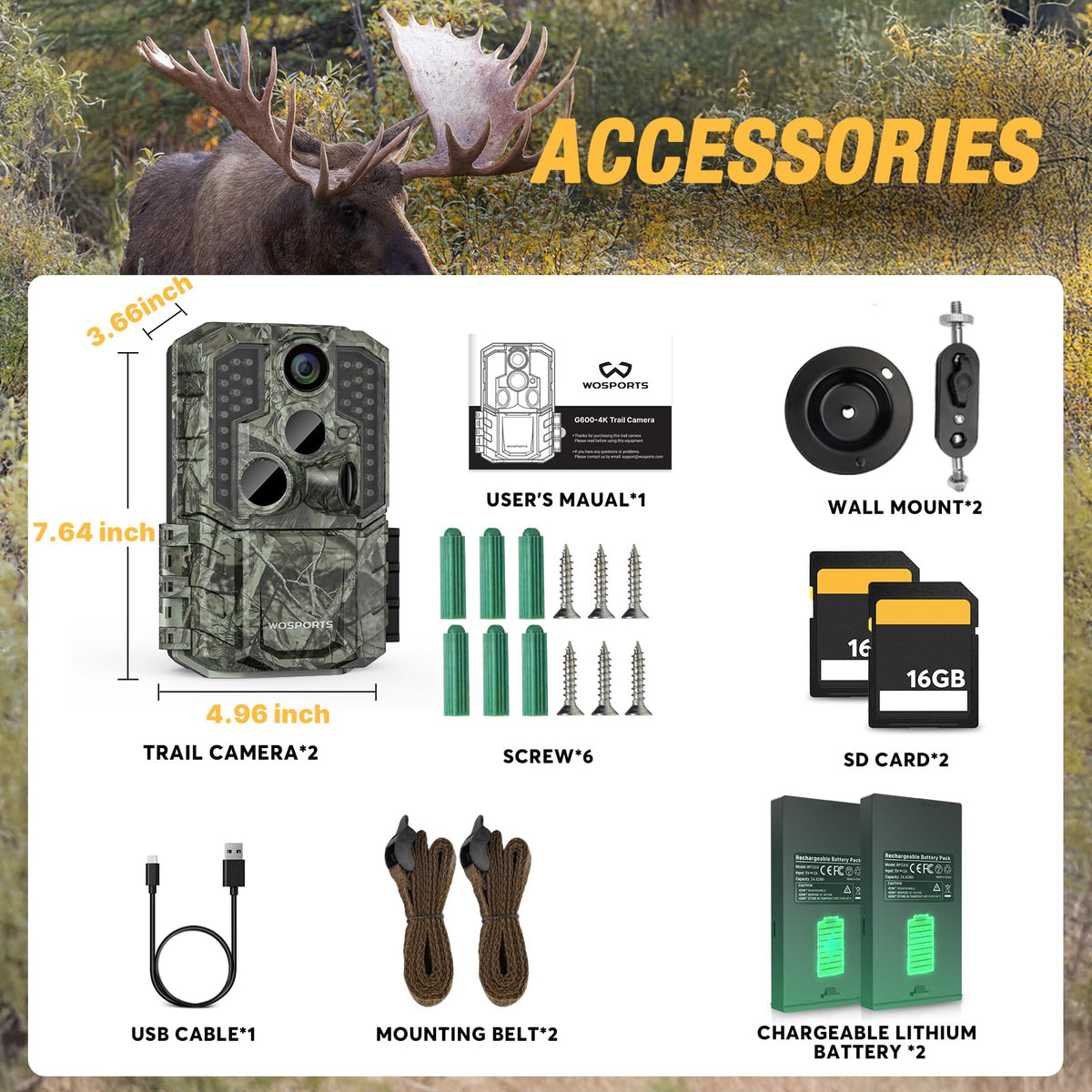 WOSPORTS Trail Camera(Non-Cellular Non-WiFi) 64MP 4K 0.2S Trigger Motion Activated,Game Camera with No-Glow Night Vision 2.0''LCD 120°Wide for Outdoor Scouting Wildlife Monitoring Home Security