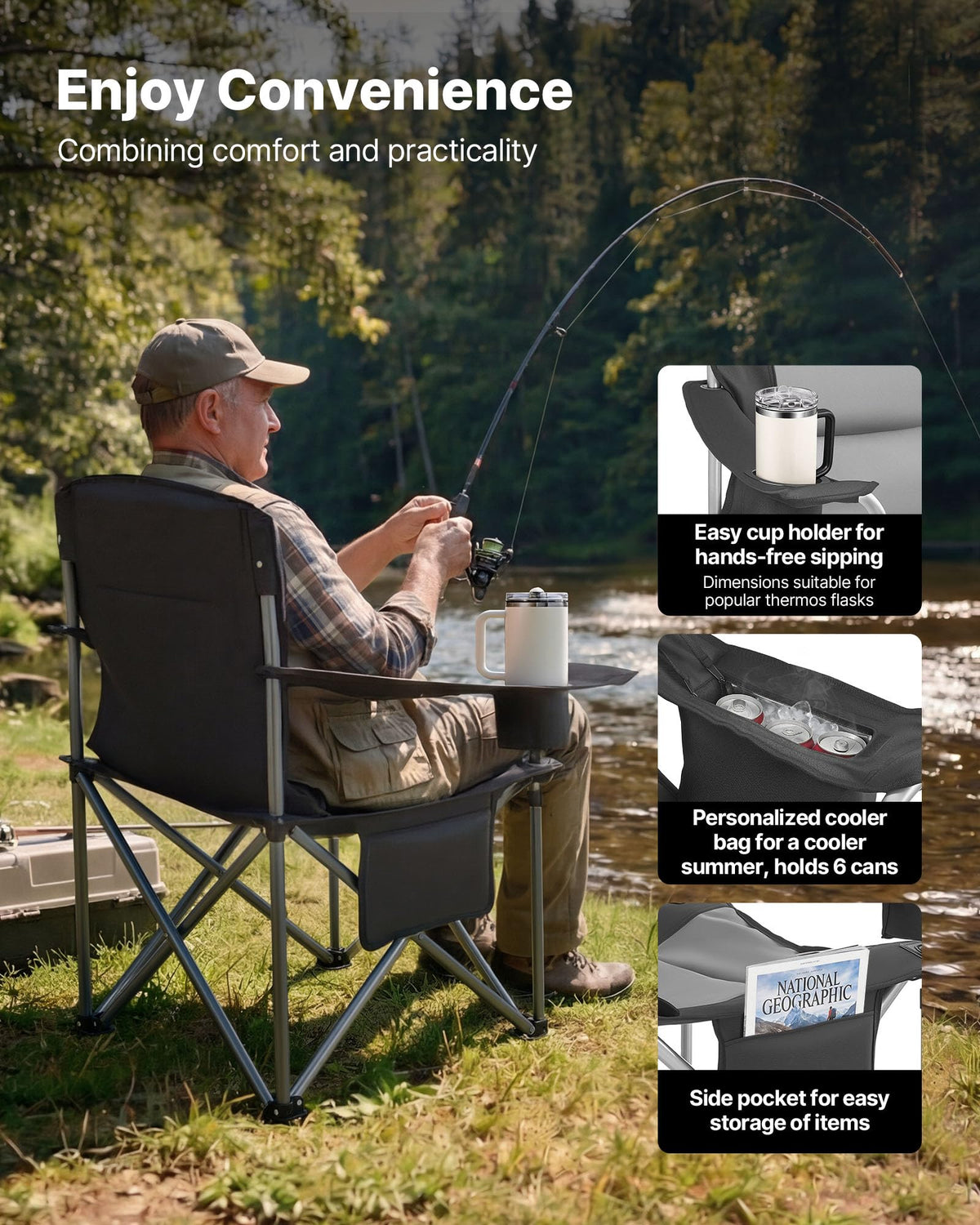 VEVOR Oversized Camping Folding Chair, Portable Heavy Duty Outdoor Quad Lumbar Back Padded with Side Pockets, Cup Holder and Cooler Bag for Beach, Lawn, Picnic, Fishing, Backpacking, Black