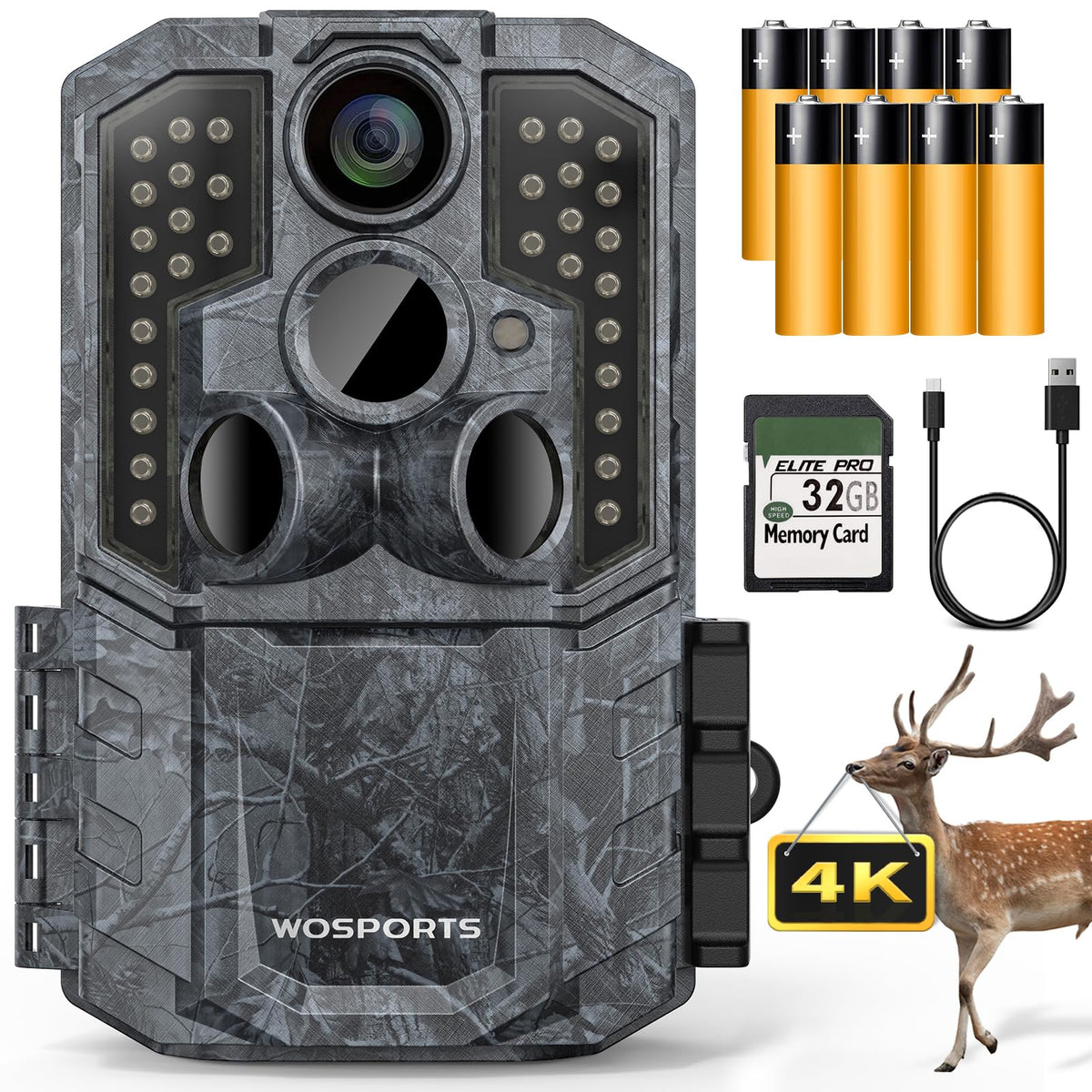 WOSPORTS Trail Camera(Non-Cellular Non-WiFi) 64MP 4K 0.2S Trigger Motion Activated,Game Camera with No-Glow Night Vision 2.0''LCD 120°Wide for Outdoor Scouting Wildlife Monitoring Home Security