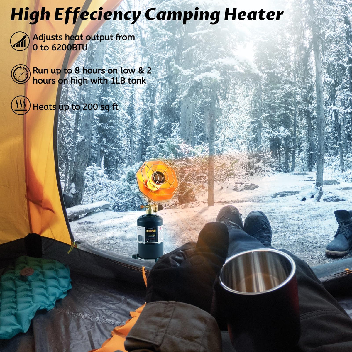 Portable Outdoor Heater with 8FT Hose, 9000 BTU Propane Heater Fuel by Butane/Propane, Self-Ignition, Tip-over&Low-Oxygen Safety Shutoff, Compact Camping&RV Heater for Tents, Hiking(Fuel not included)