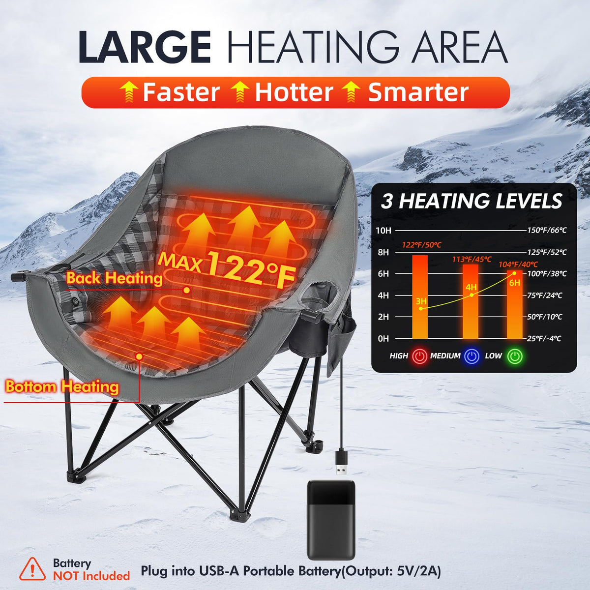 Heated Oversized Camping Chair - Heavy Duty Padded Comfy Warm Outdoor Chair