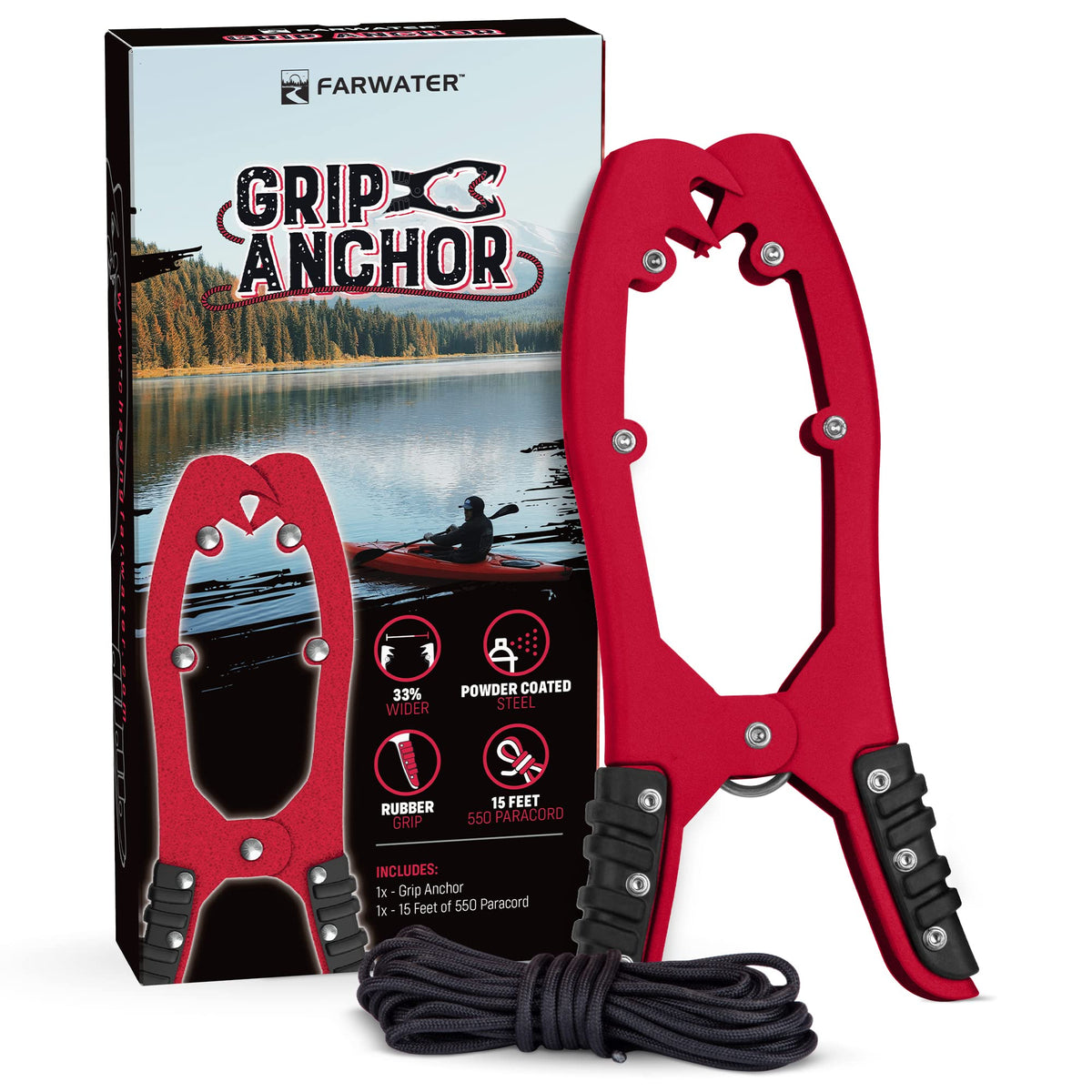 Canoe Anchor Grip - Boat, Float Tube & Kayak Fishing Accessories, Kayaking Equipment - Brush Clamp Anchor with Teeth - Gripper with 15ft Paracord - Rubber Grips - Coated Steel -